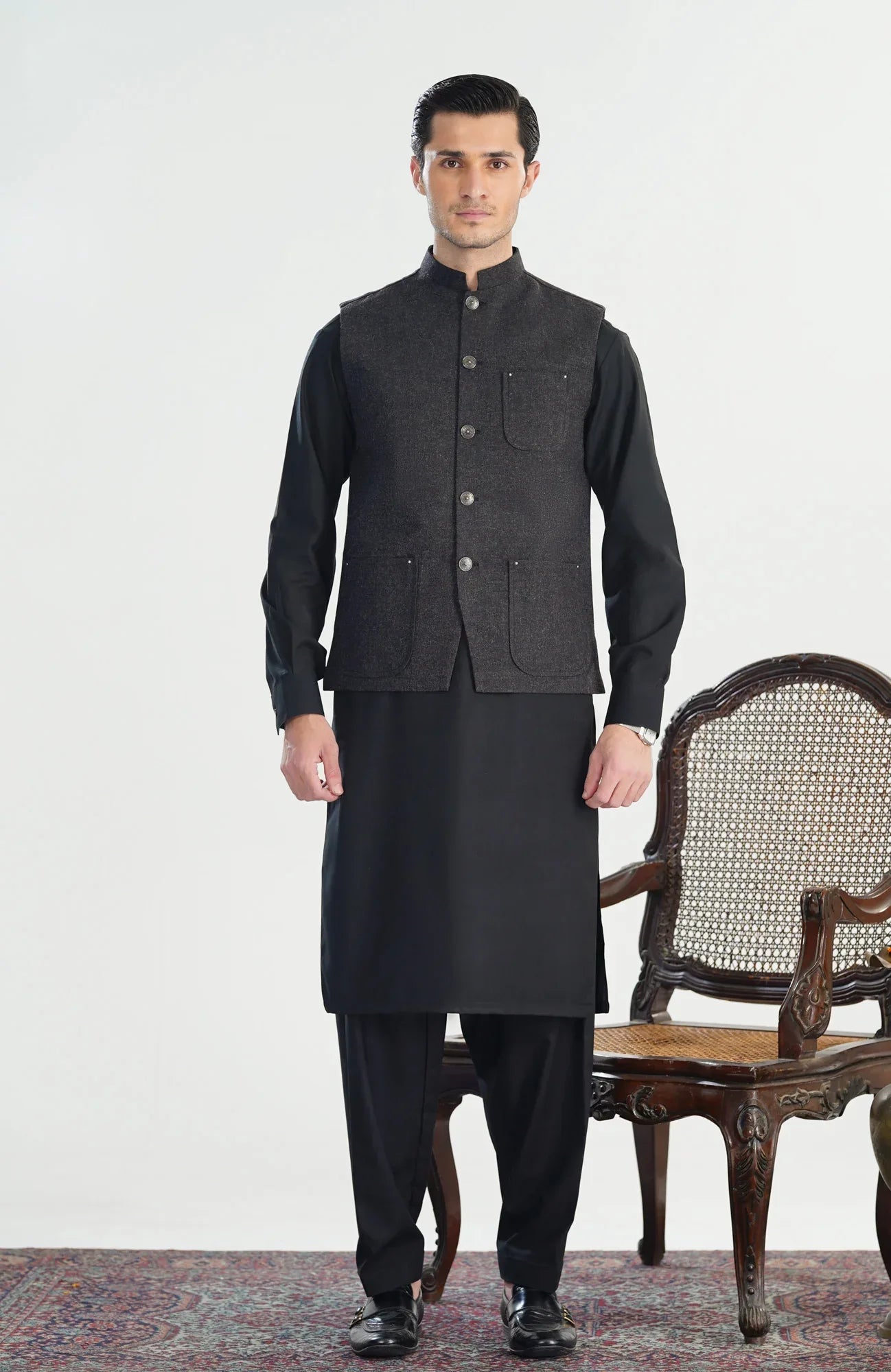 Black Kurta Shalwar with Wool Waistcoat - A-Line Cut - Men - Muraqsh -- Menswear