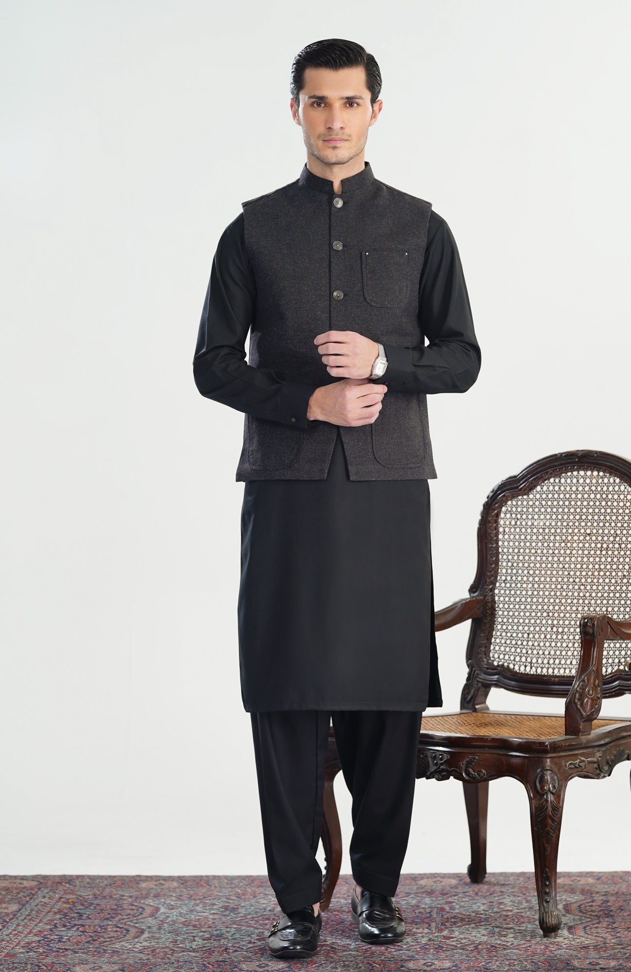 Black Kurta Shalwar with Wool Waistcoat - A-Line Cut - Men