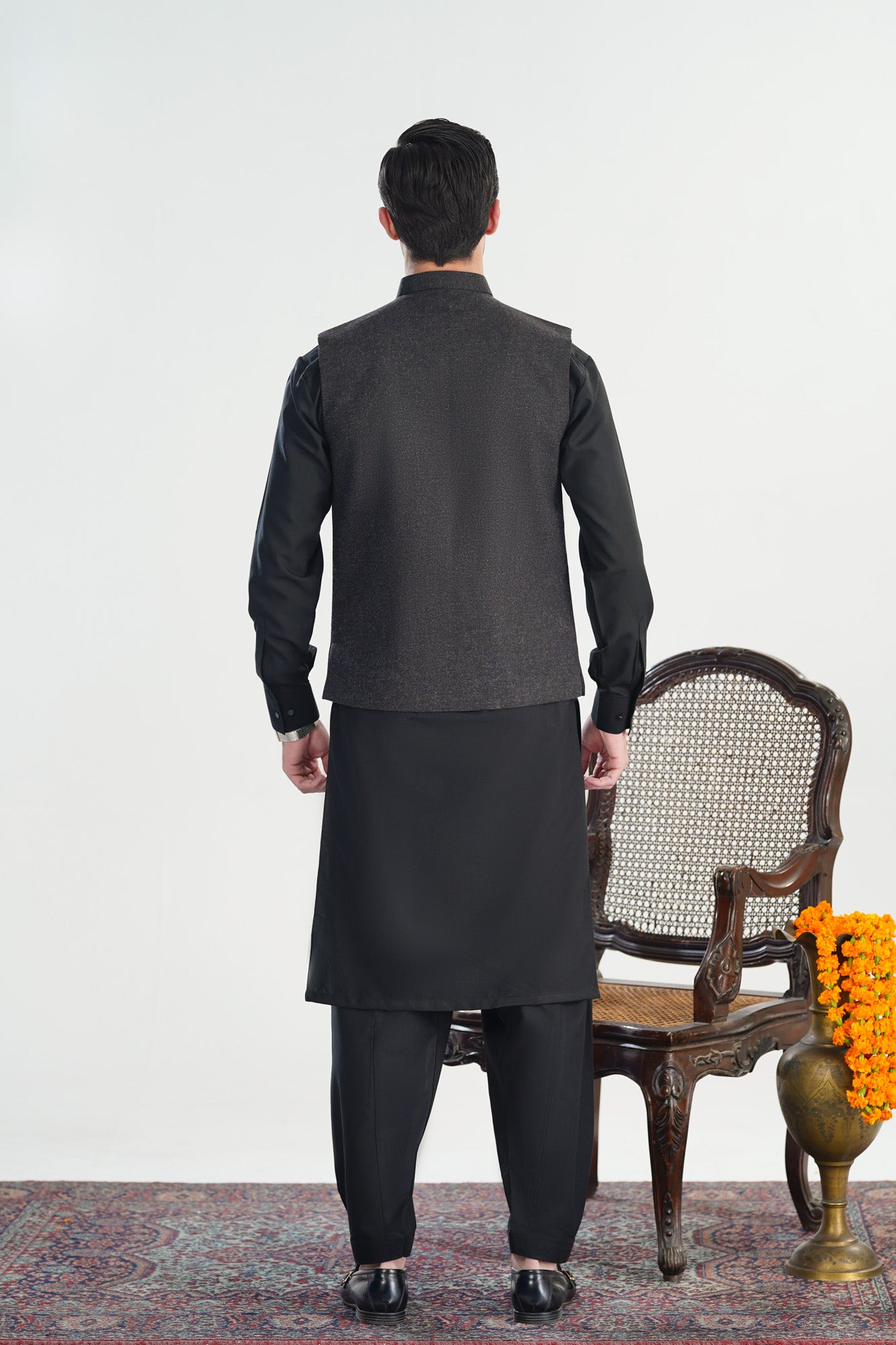Black Kurta Shalwar with Wool Waistcoat - A-Line Cut - Men