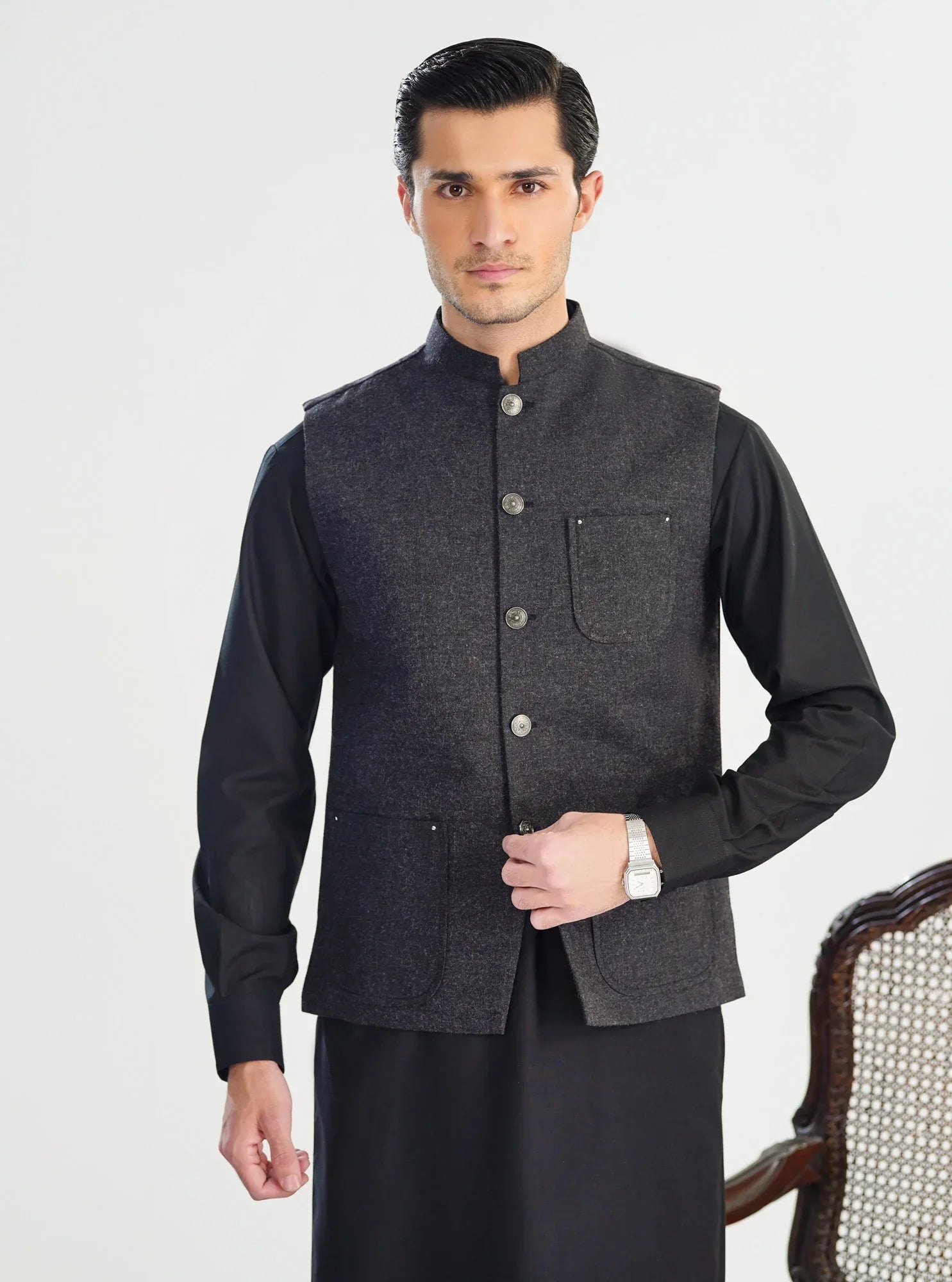 Black Kurta Shalwar with Wool Waistcoat - A-Line Cut - Men - Muraqsh -- Menswear