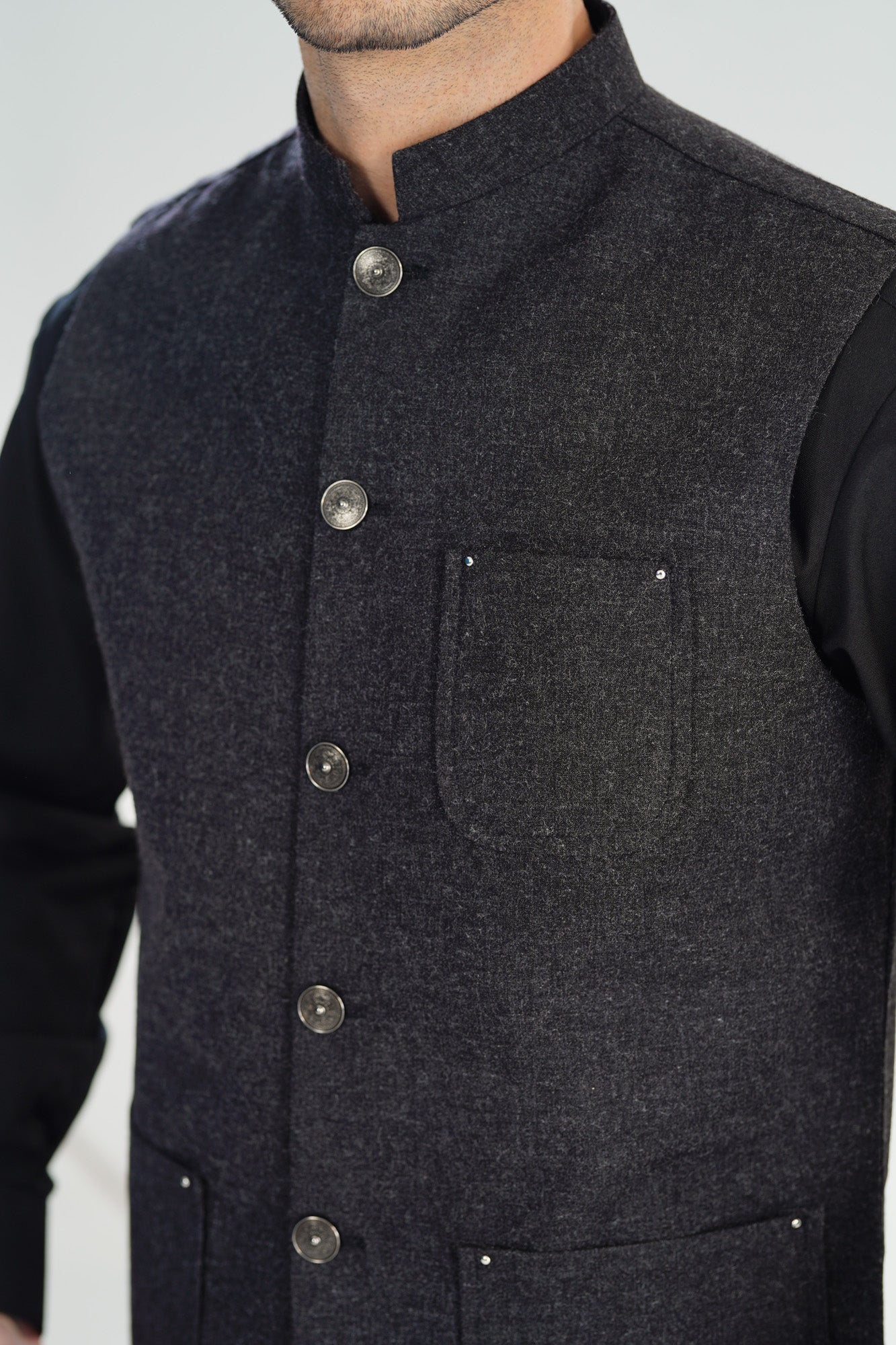 Black Kurta Shalwar with Wool Waistcoat - A-Line Cut - Men