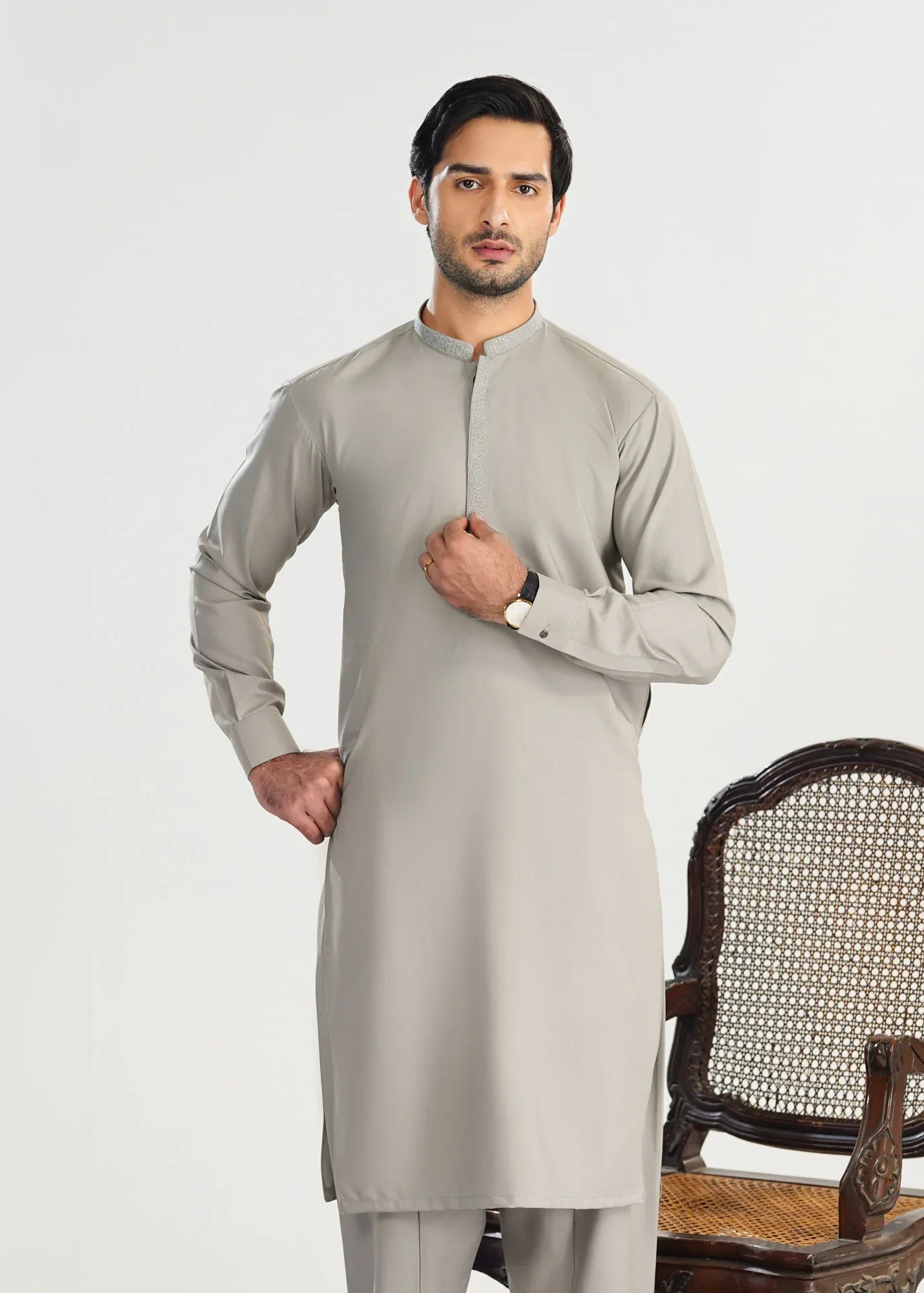 Formal Silver Beige Kurta Shalwar - Collar Neck Embroidered - Men - Muraqsh -- Menswear