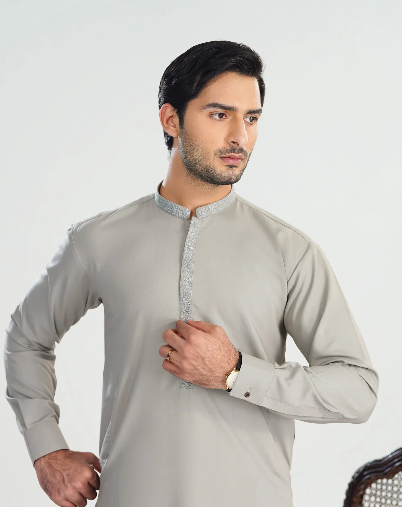 Formal Silver Beige Kurta Shalwar - Collar Neck Embroidered - Men - Muraqsh -- Menswear