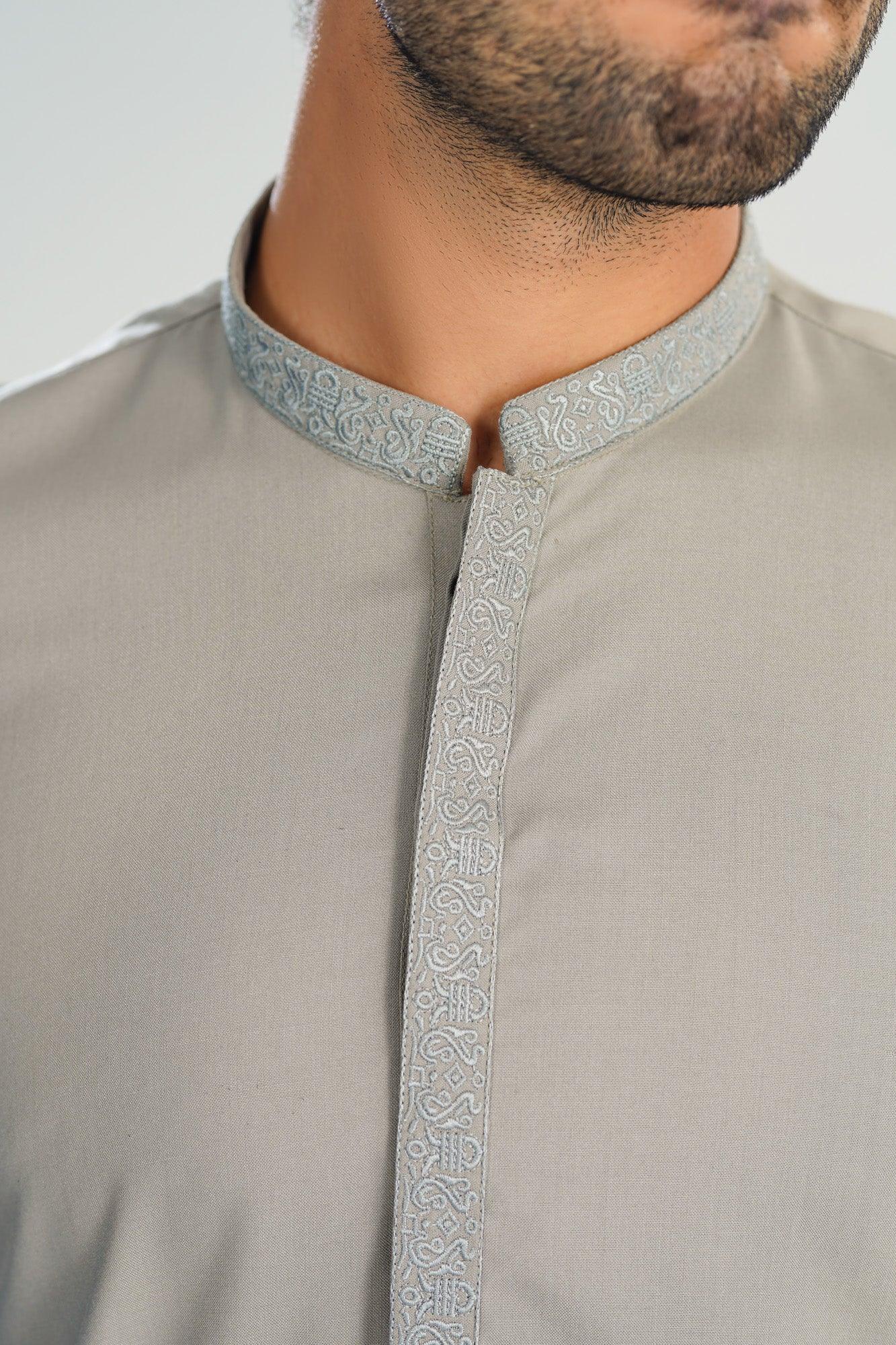 Formal Silver Beige Kurta Shalwar - Collar Neck Embroidered - Men - Muraqsh -- Menswear