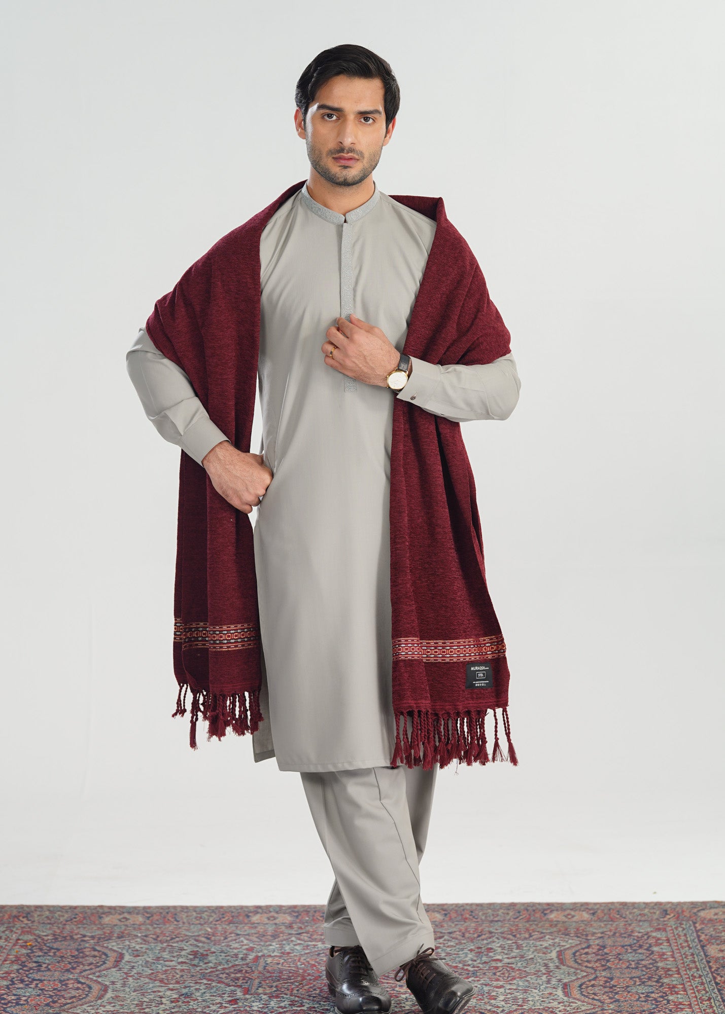 Maroon Jacquard Velvet Shawl - Men