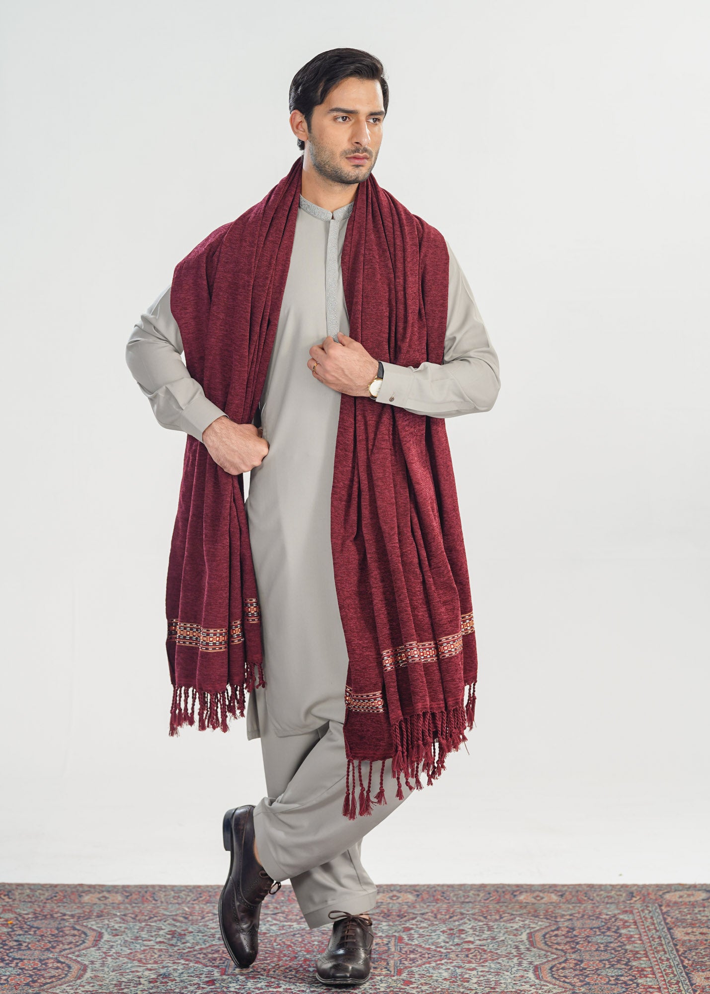 Maroon Jacquard Velvet Shawl - Men