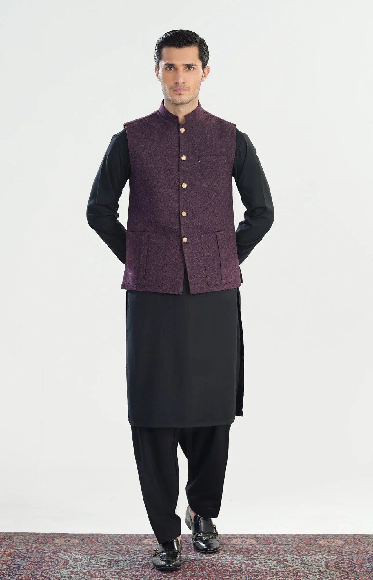 Black Kurta Shalwar with Dark Purple Wool Waistcoat - Straight Cut - Men - Muraqsh -- Menswear