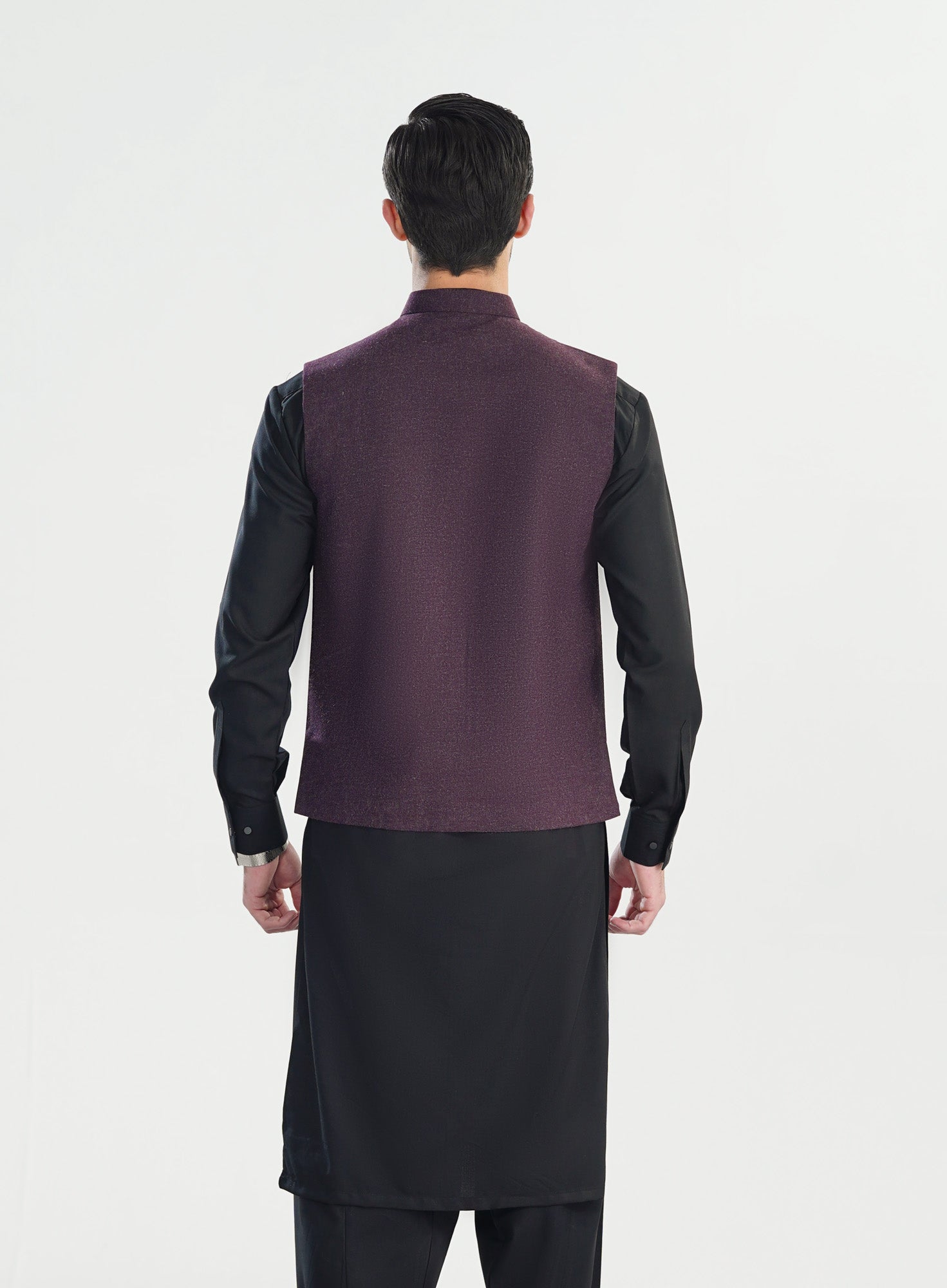 Black Kurta Shalwar with Dark Purple Wool Waistcoat - Straight Cut - Men