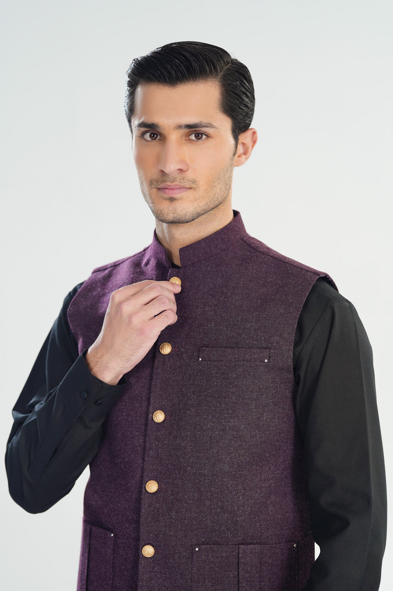 Black Kurta Shalwar with Dark Purple Wool Waistcoat - Straight Cut - Men