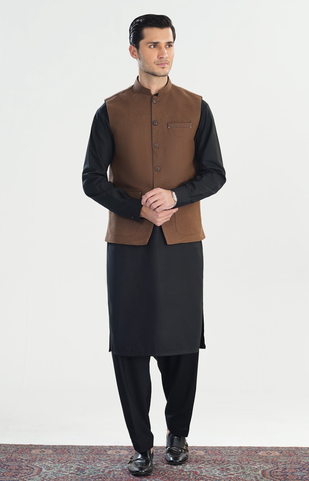 Brown Textured Handloomed Khaddar Waistcoat - A-Line Cut - Men