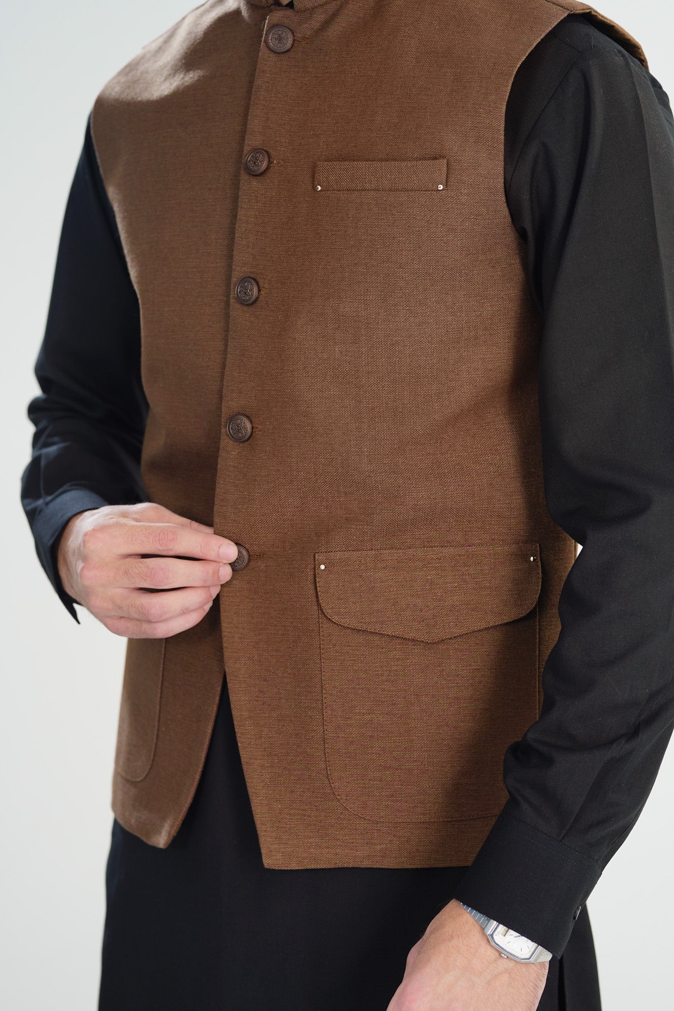 Black Kurta Shalwar with Brown Textured Khaddar Waistcoat - A-Line Cut - Men