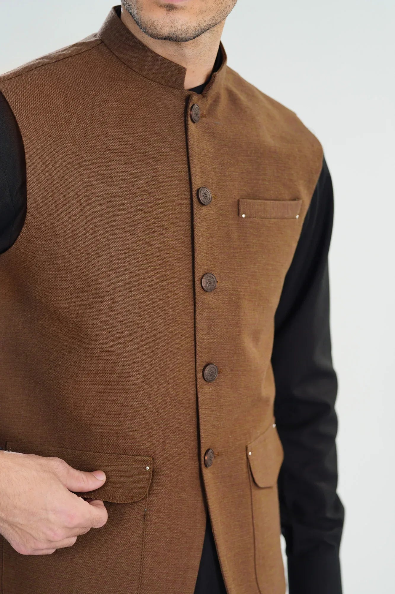 Brown Textured Handloomed Khaddar Waistcoat - A-Line Cut - Men - Muraqsh -- Menswear
