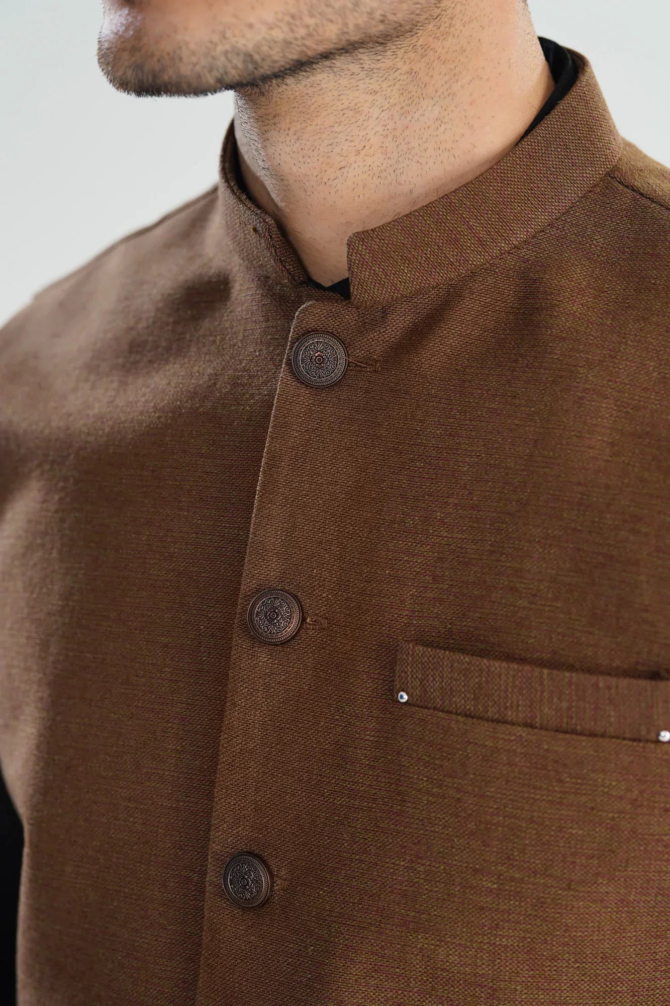 Brown Textured Handloomed Khaddar Waistcoat - A-Line Cut - Men - Muraqsh -- Menswear