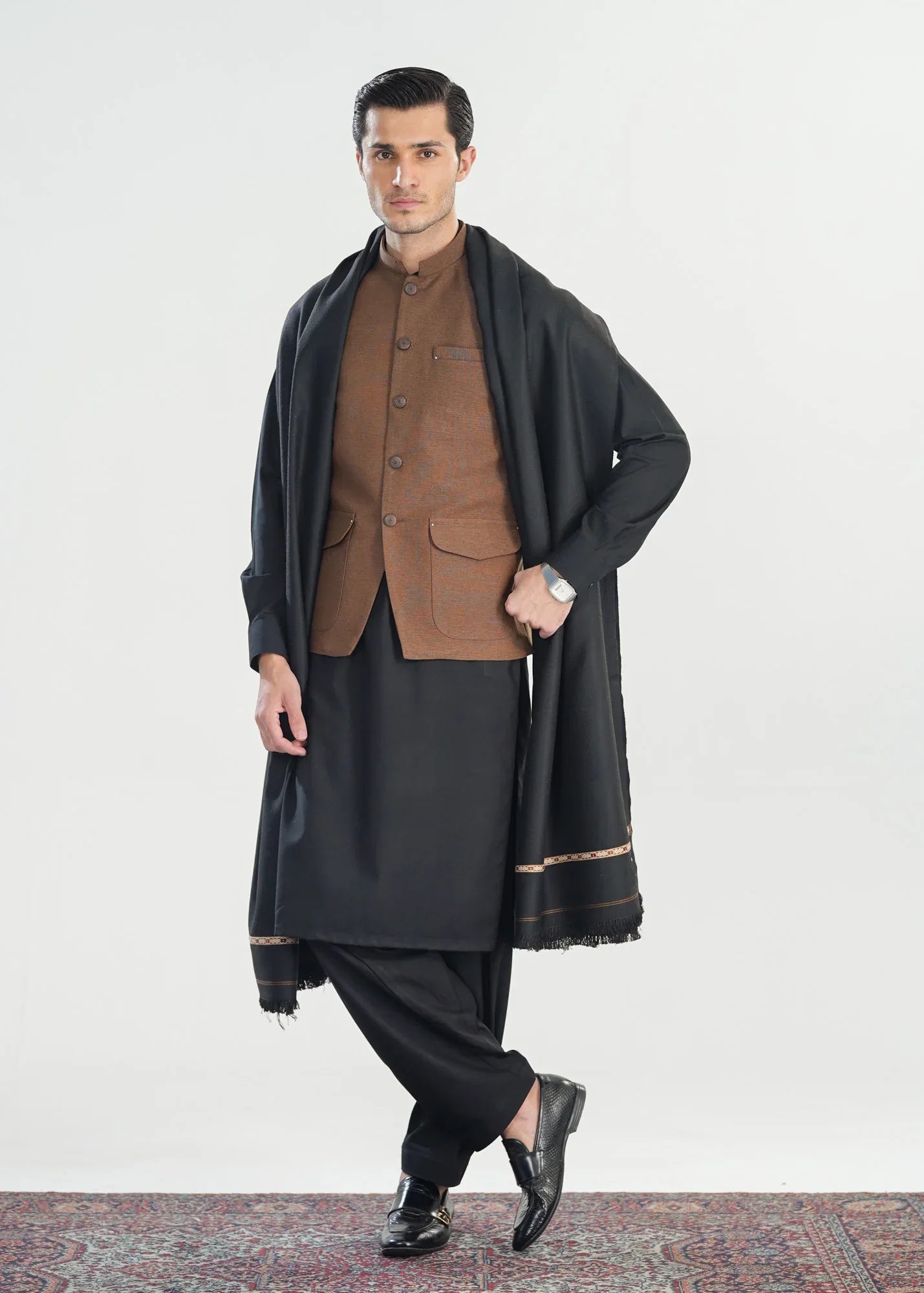 Black Kashmiri Wool Shawl - Men - Muraqsh -- Menswear