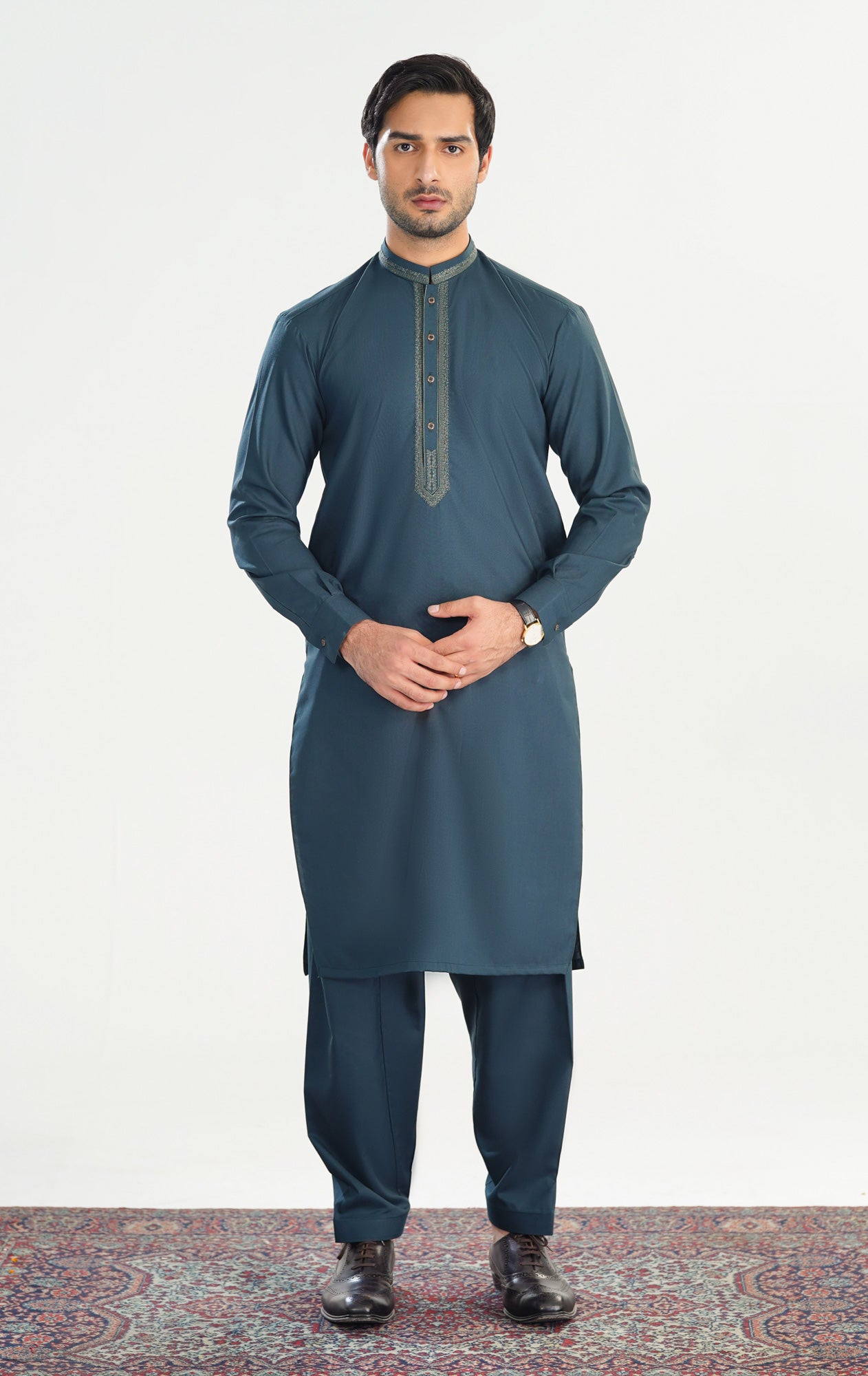 Formal Dark Green Kurta Shalwar - Collar Neck Embroidered - Men