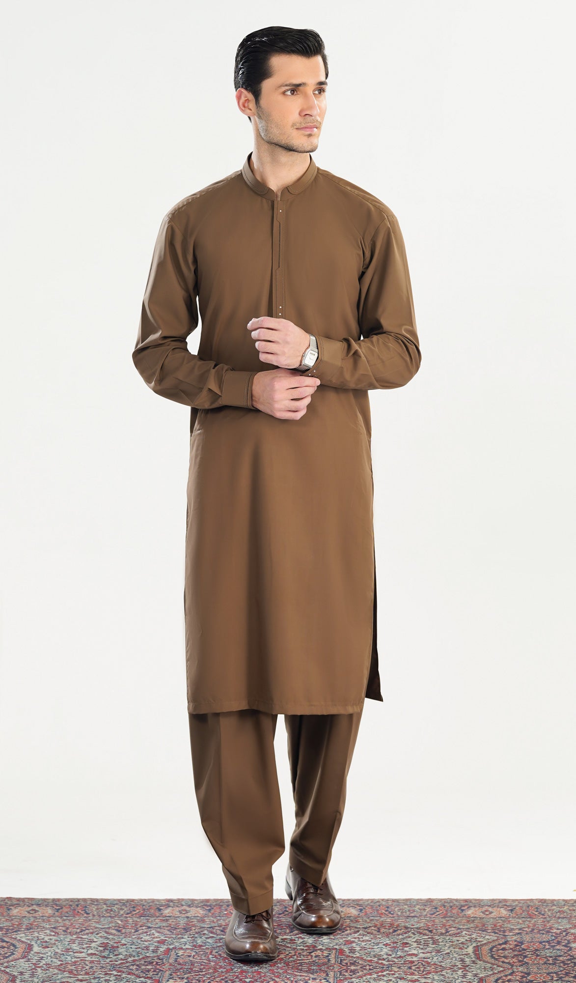 Light Brown Double Mandarin Collar Kameez Shalwar - Men