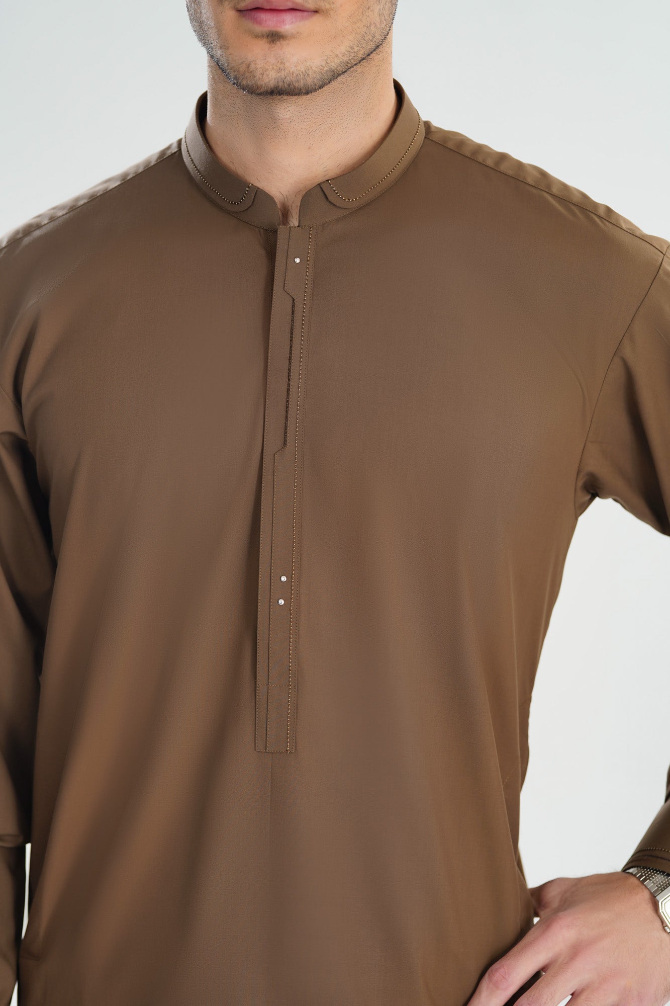 Light Brown Double Mandarin Collar Kameez Shalwar - Men