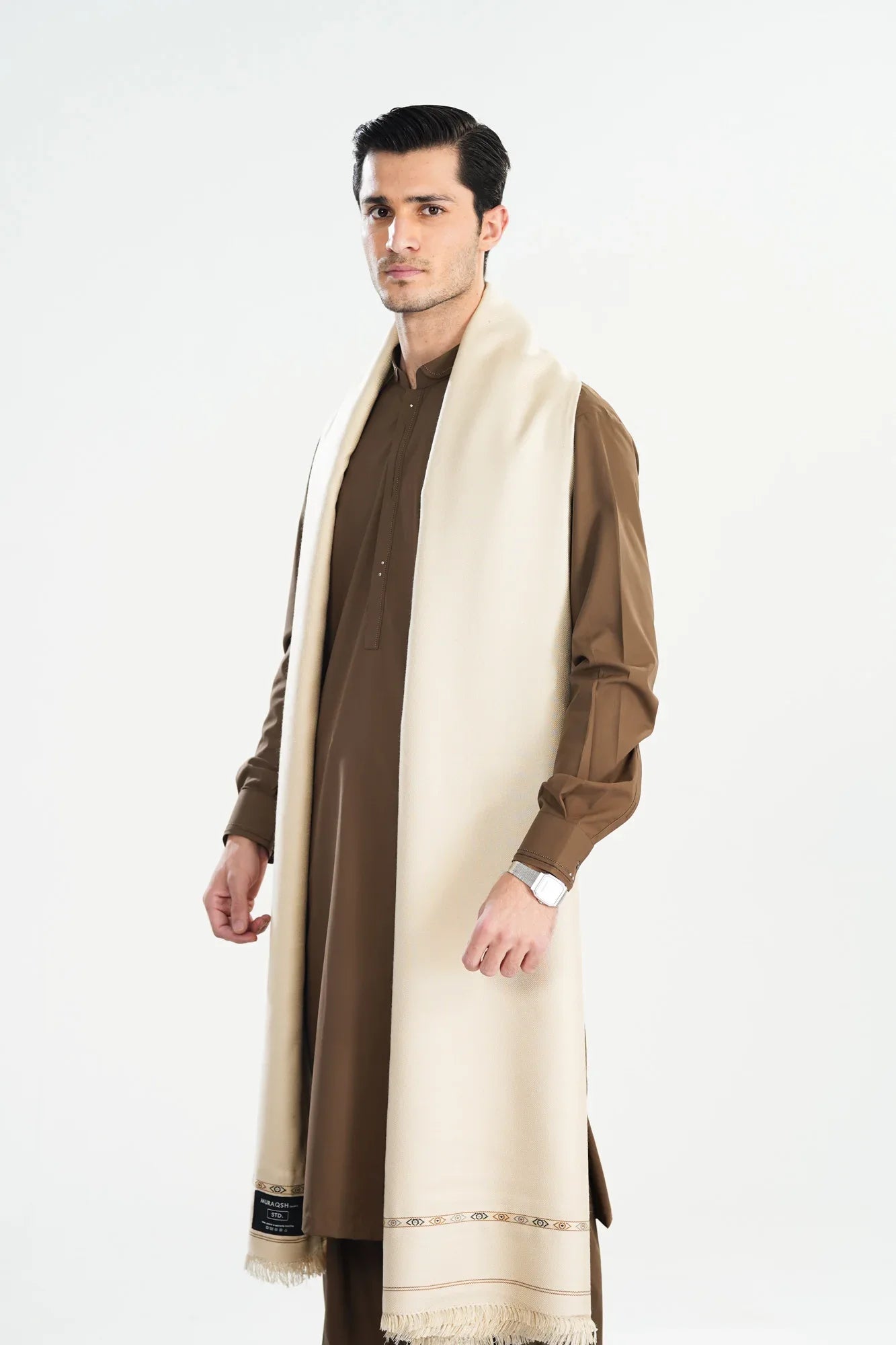 Beige Kashmiri Wool Shawl - Men - Muraqsh -- Menswear