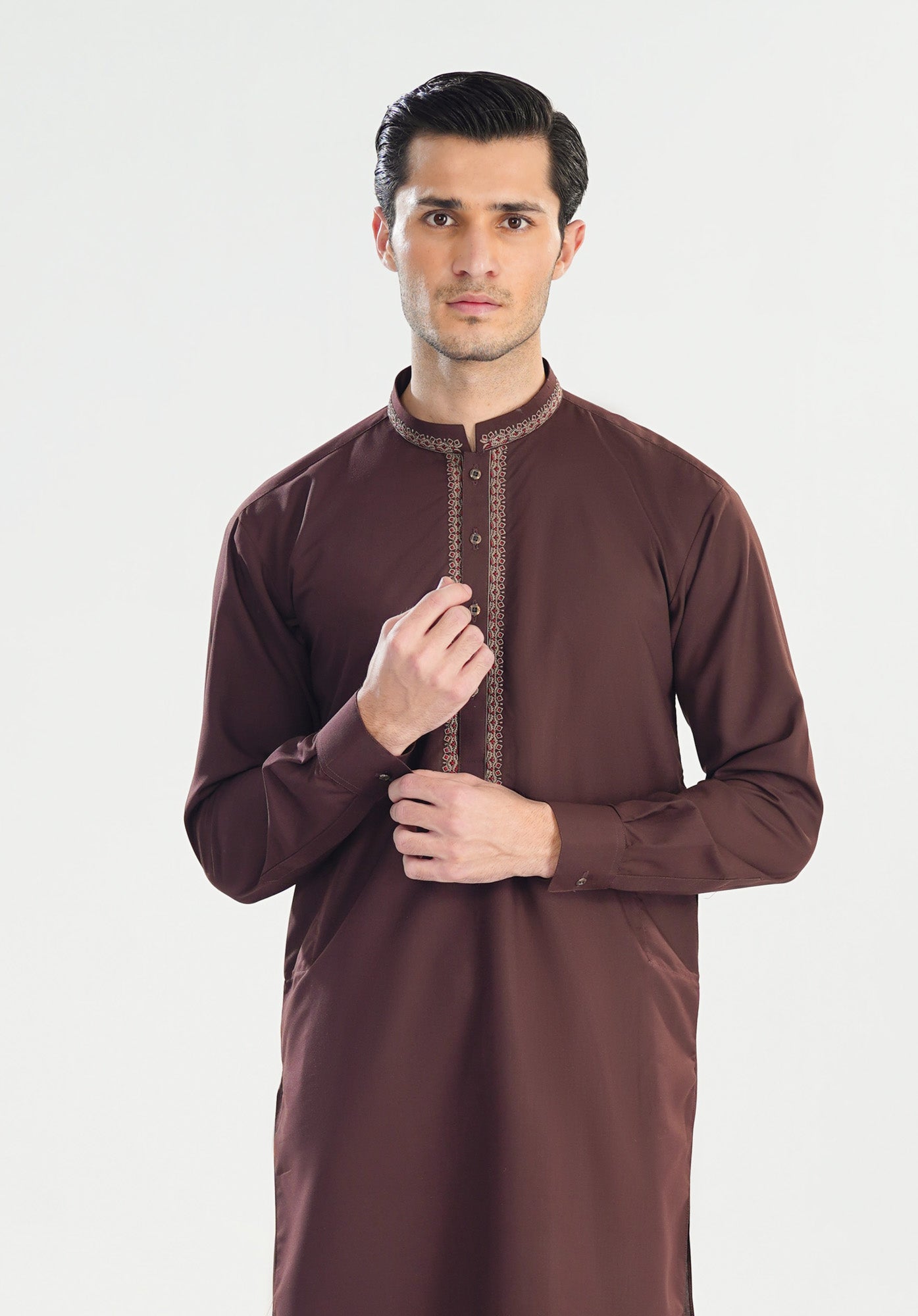 Formal Mahogany Kurta Shalwar - Collar Neck Embroidered - Men