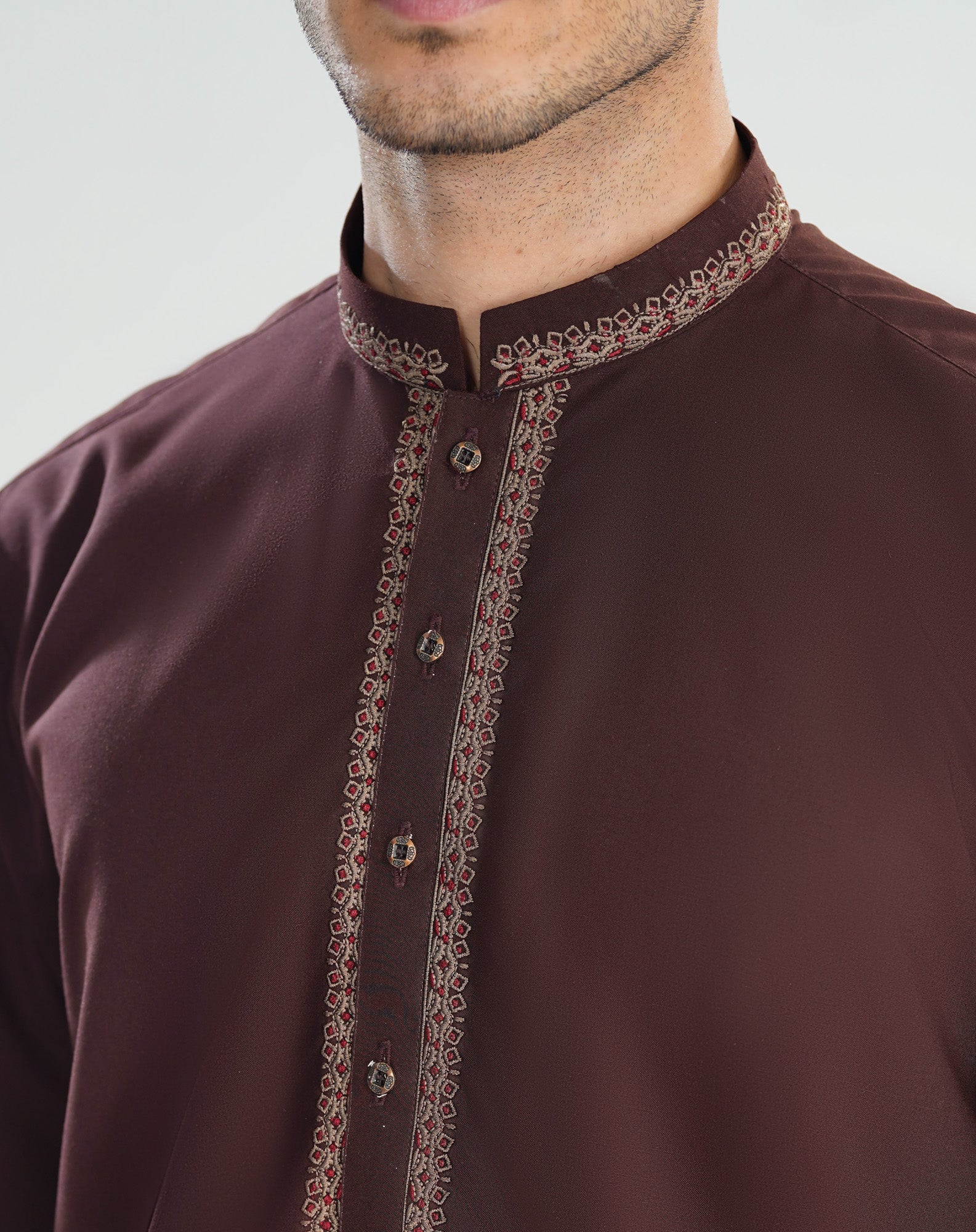 Formal Mahogany Kurta Shalwar - Collar Neck Embroidered - Men