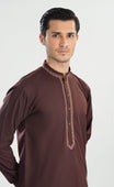Formal Mahogany Kurta Shalwar - Collar Neck Embroidered - Men