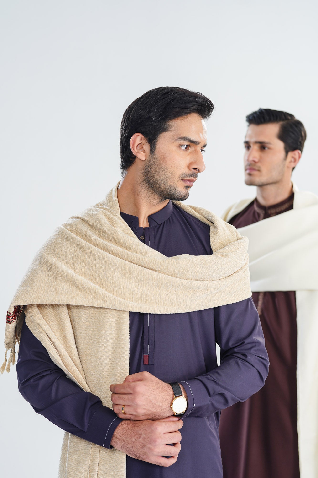 Beige Jacquard Velvet Shawl - Men