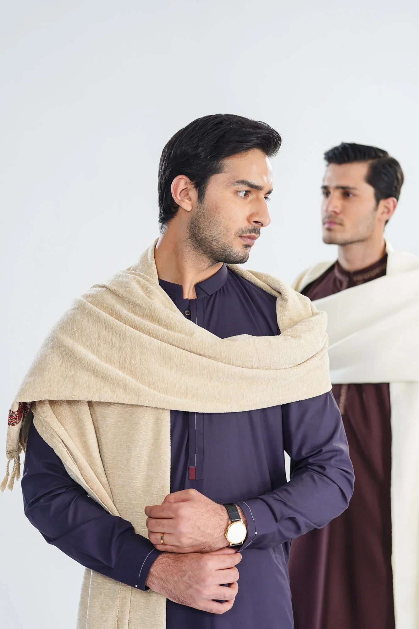 Beige Jacquard Velvet Shawl - Men - Muraqsh -- Menswear