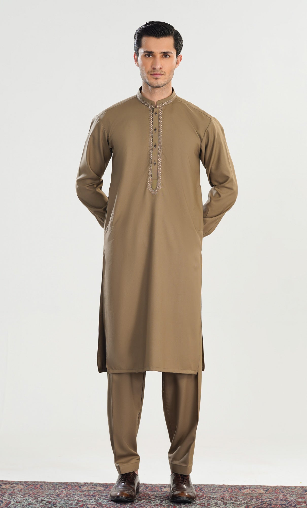 Formal Sand Beige Kurta Shalwar - Collar Neck Embroidered - Men