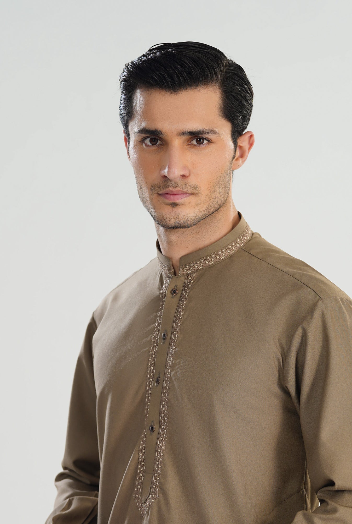 Formal Sand Beige Kurta Shalwar - Collar Neck Embroidered - Men