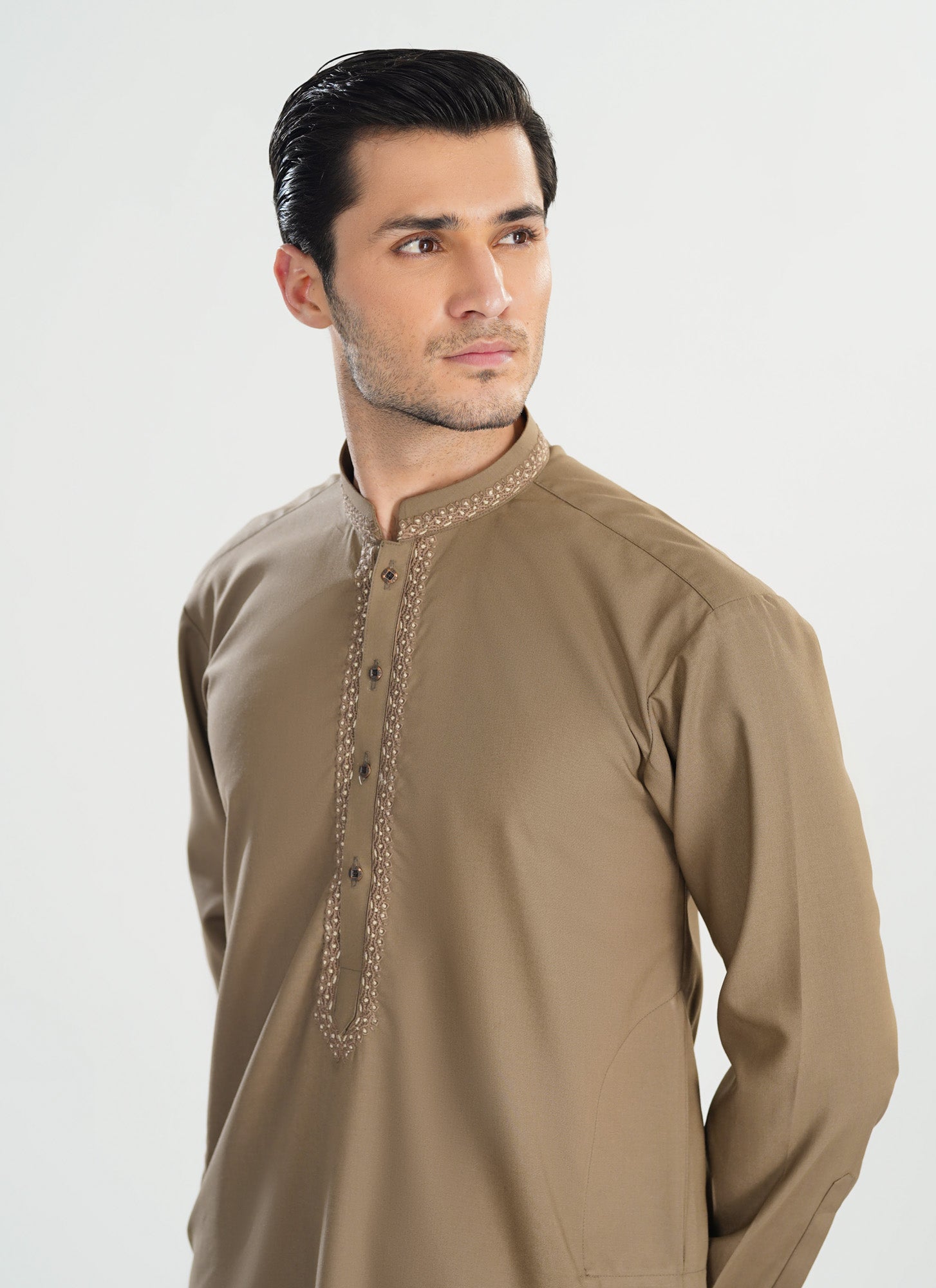 Formal Sand Beige Kurta Shalwar - Collar Neck Embroidered - Men