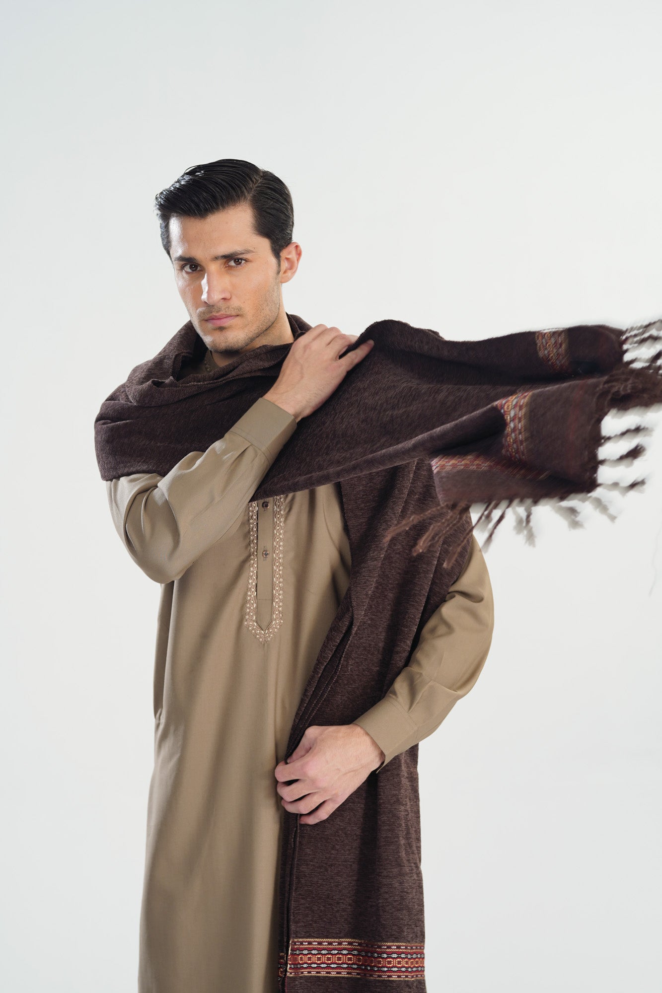 Dark Brown Jacquard Velvet Shawl - Men