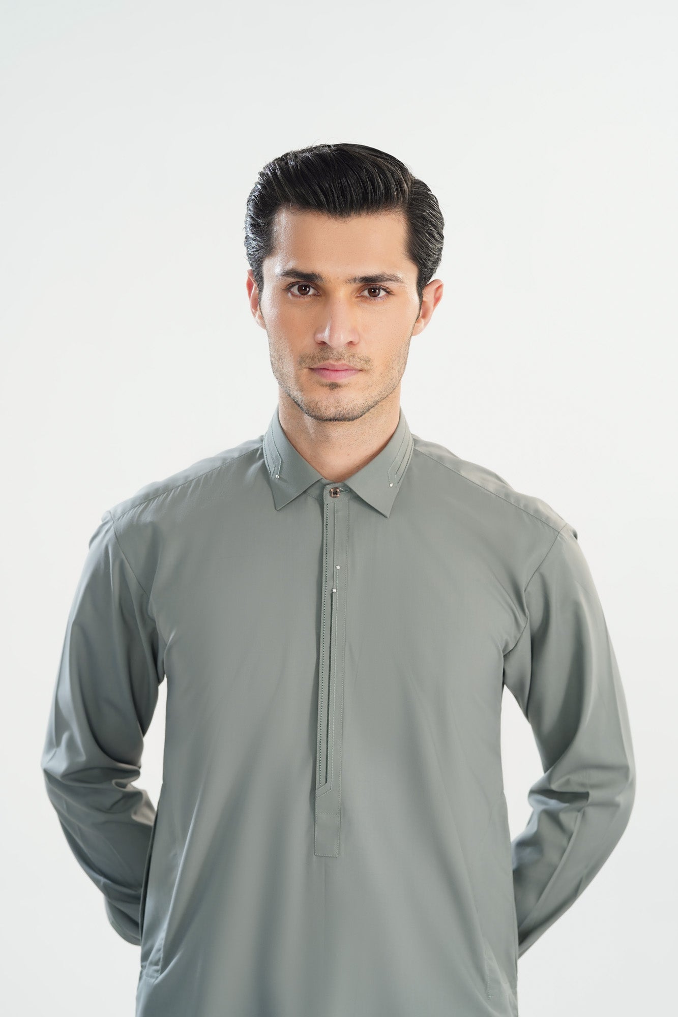 Sand Grey French Collar Kameez Shalwar - Men
