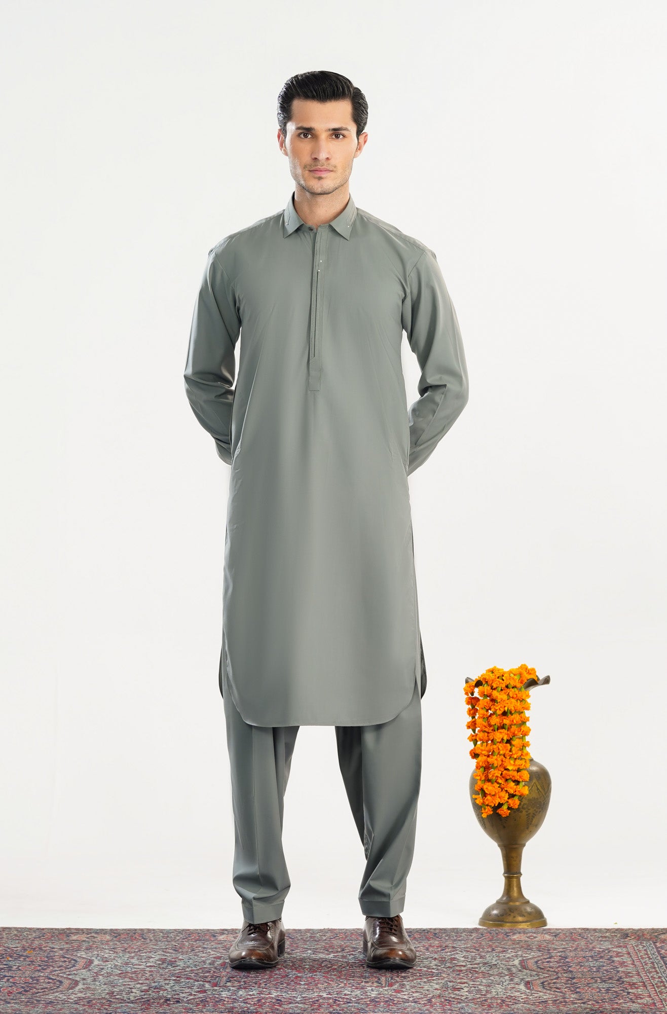 Sand Grey French Collar Kameez Shalwar - Men