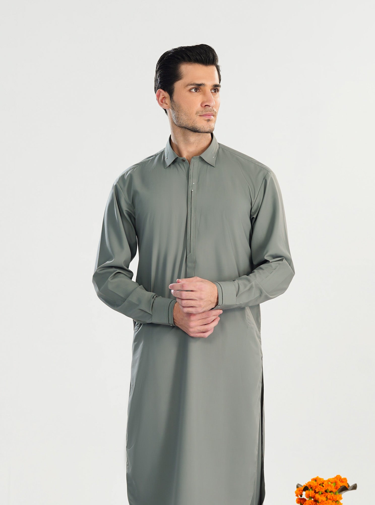 Sand Grey French Collar Kameez Shalwar - Men