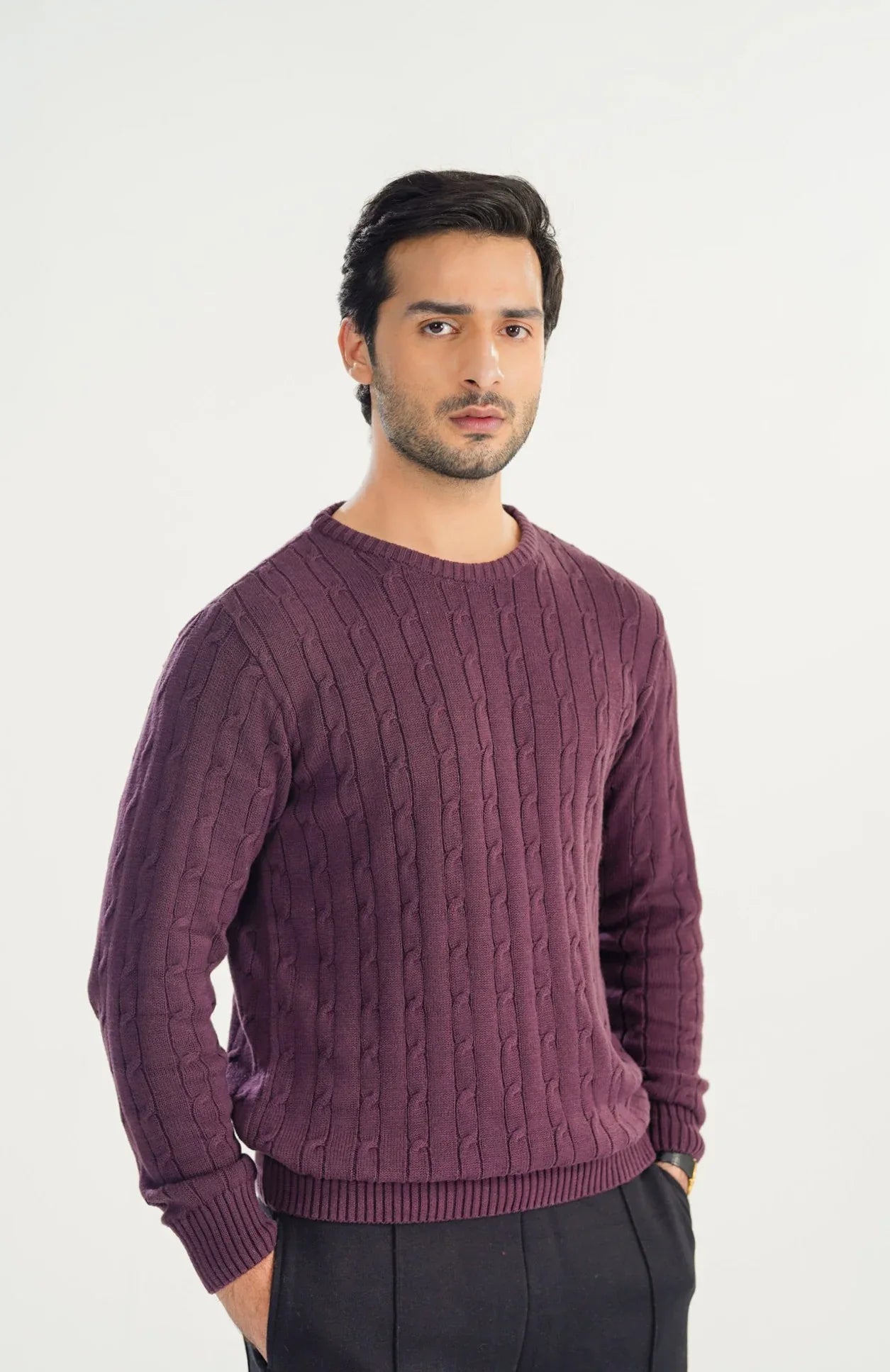 Plum Cable Knit Sweater - Smart Fit - Men - Muraqsh -- Men Western