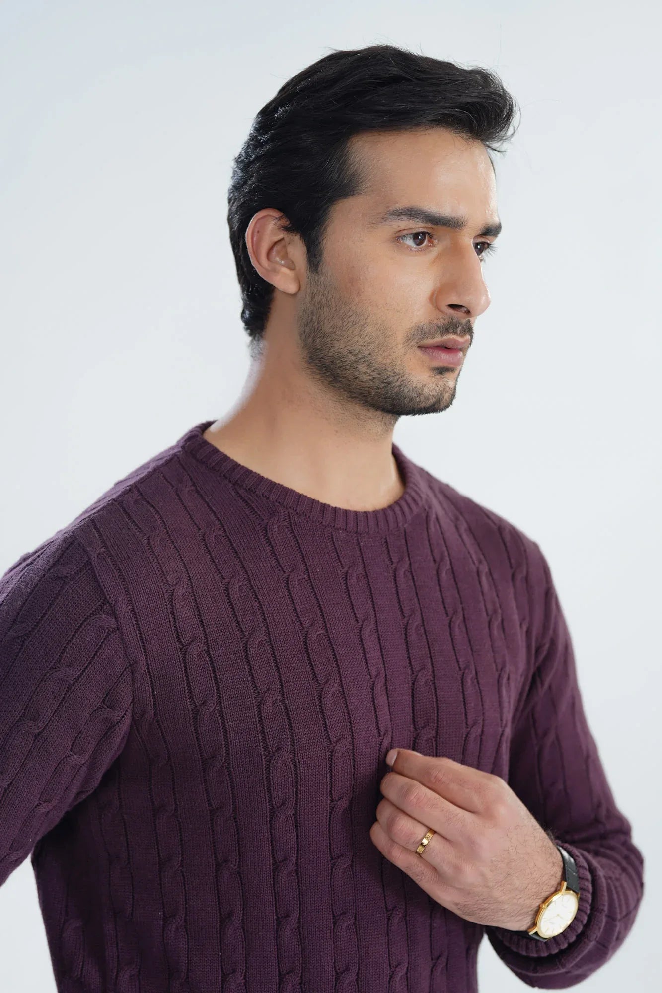 Plum Cable Knit Sweater - Smart Fit - Men - Muraqsh -- Men Western