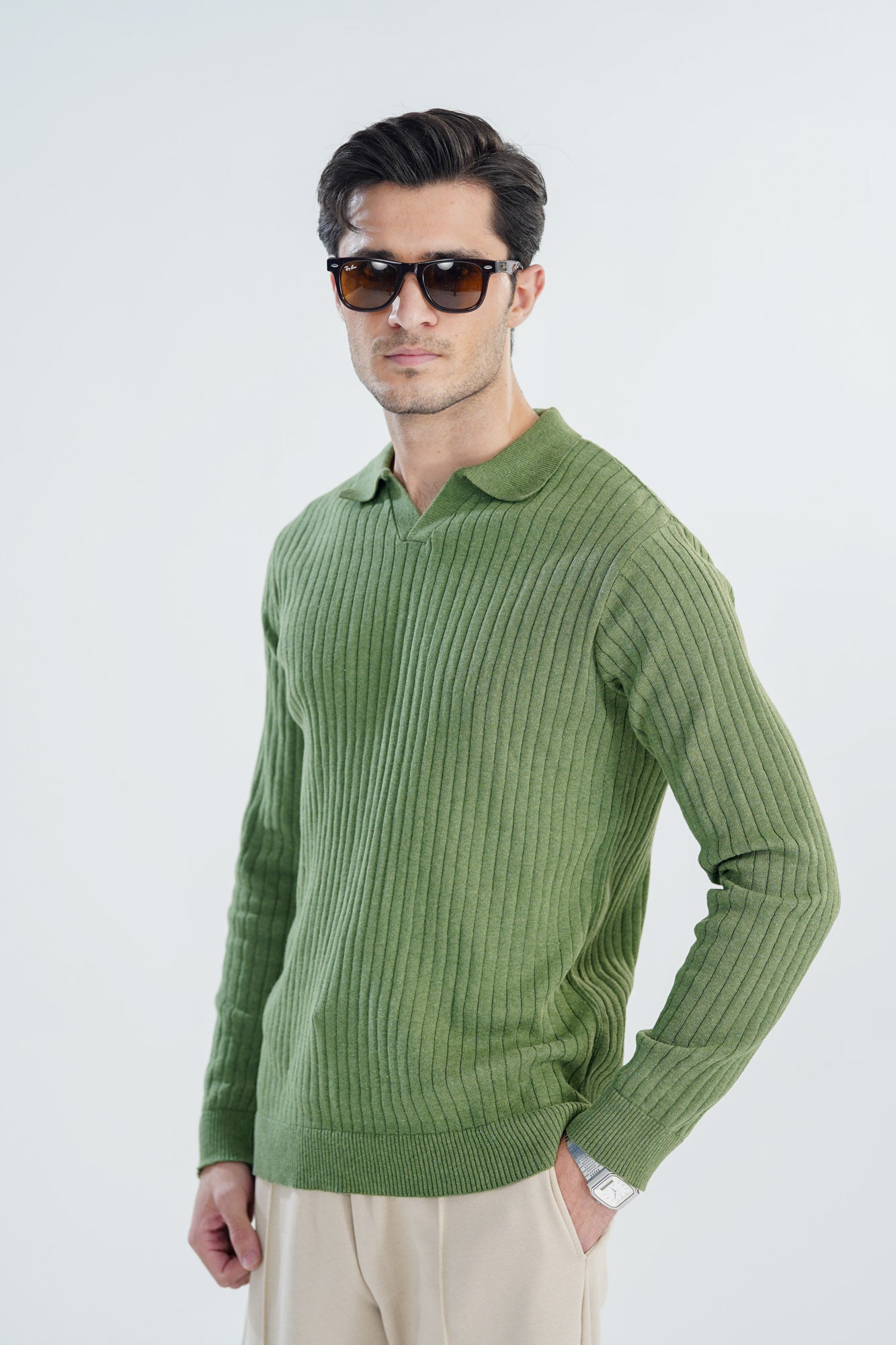 Olive Green Drop Needle Knit Polo - Full Sleeves - Men