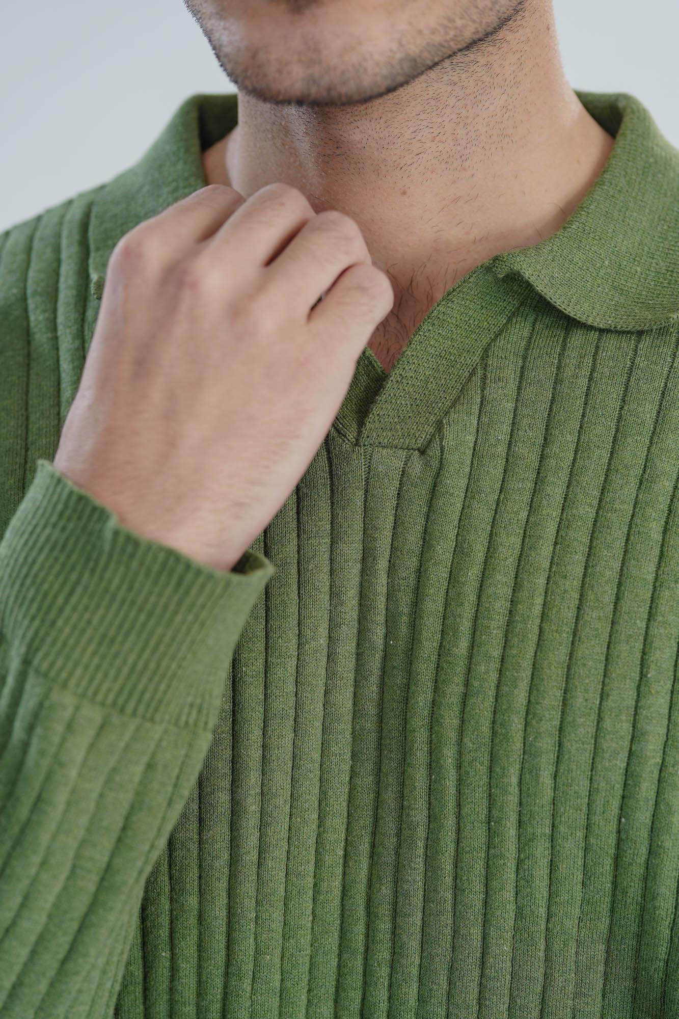 Olive Green Knitted Polo - Full Sleeves - Men - Muraqsh -- Men Western