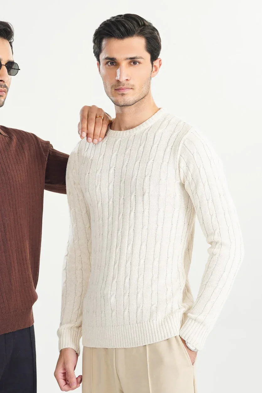 Two men wearing ribbed knit shirts in brown and beige on a white background