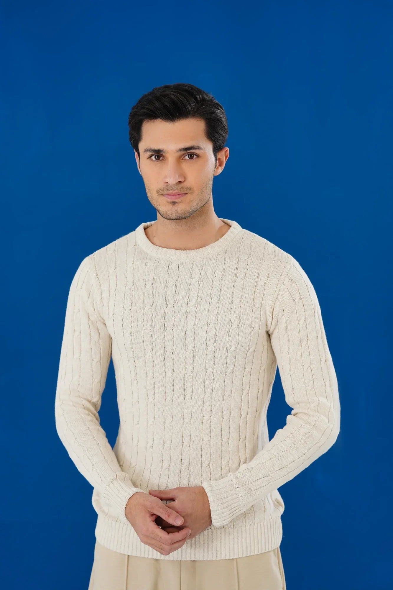 Off White Cable Knit Sweater - Smart Fit - Men - Muraqsh -- Men Western