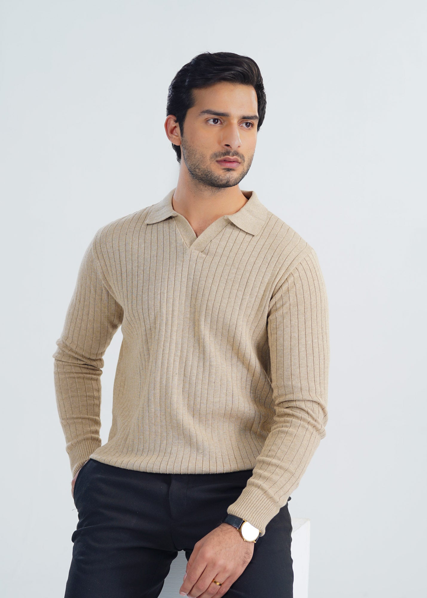 Beige Drop Needle Knit Polo - Full Sleeves - Men