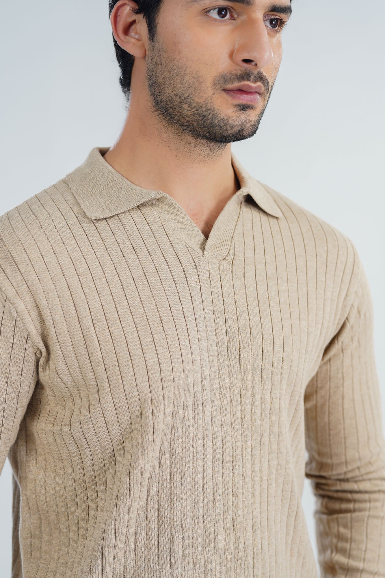 Beige Drop Needle Knit Polo - Full Sleeves - Men