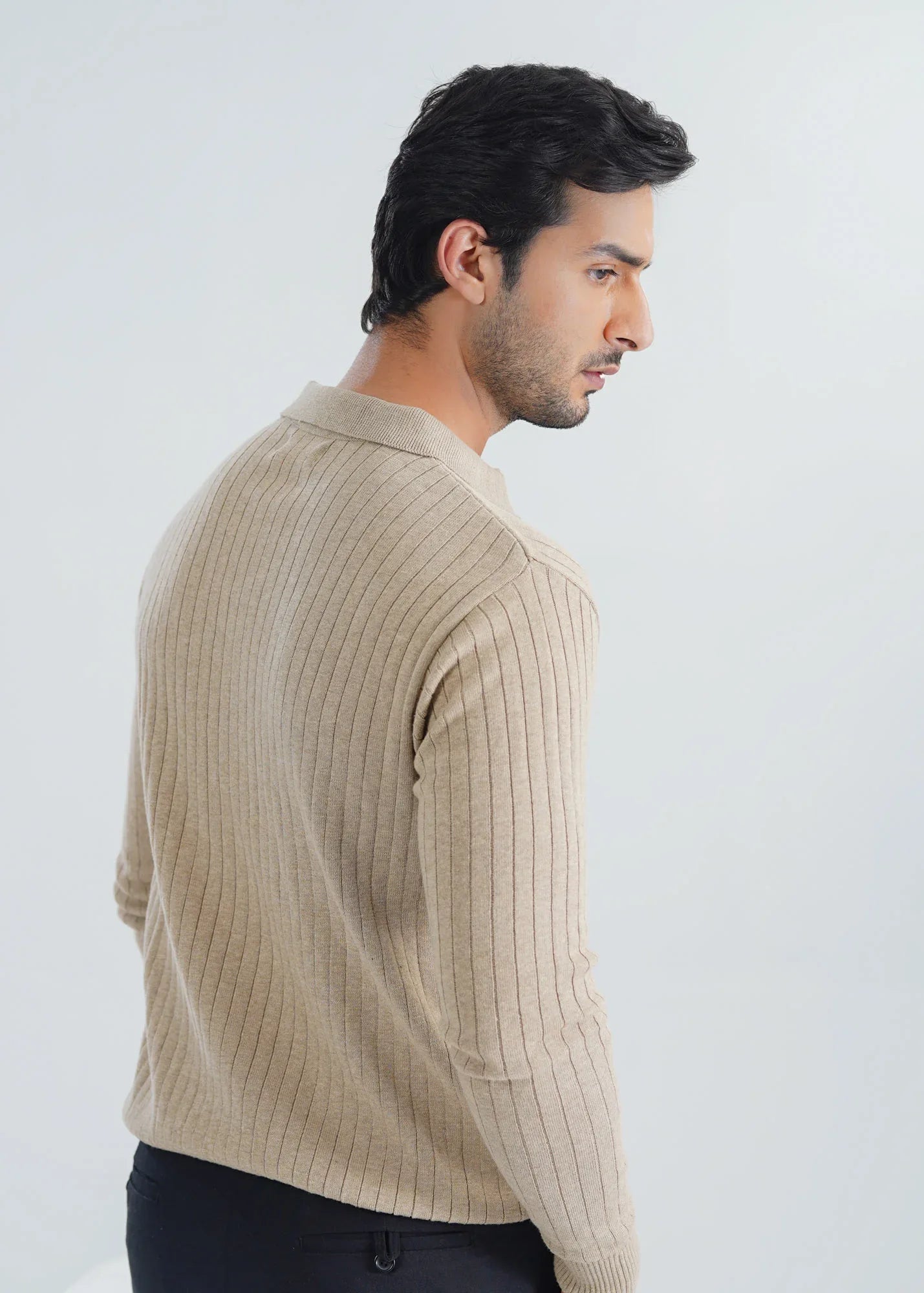 Beige Knitted Polo - Full Sleeves - Men - Muraqsh -- Men Western