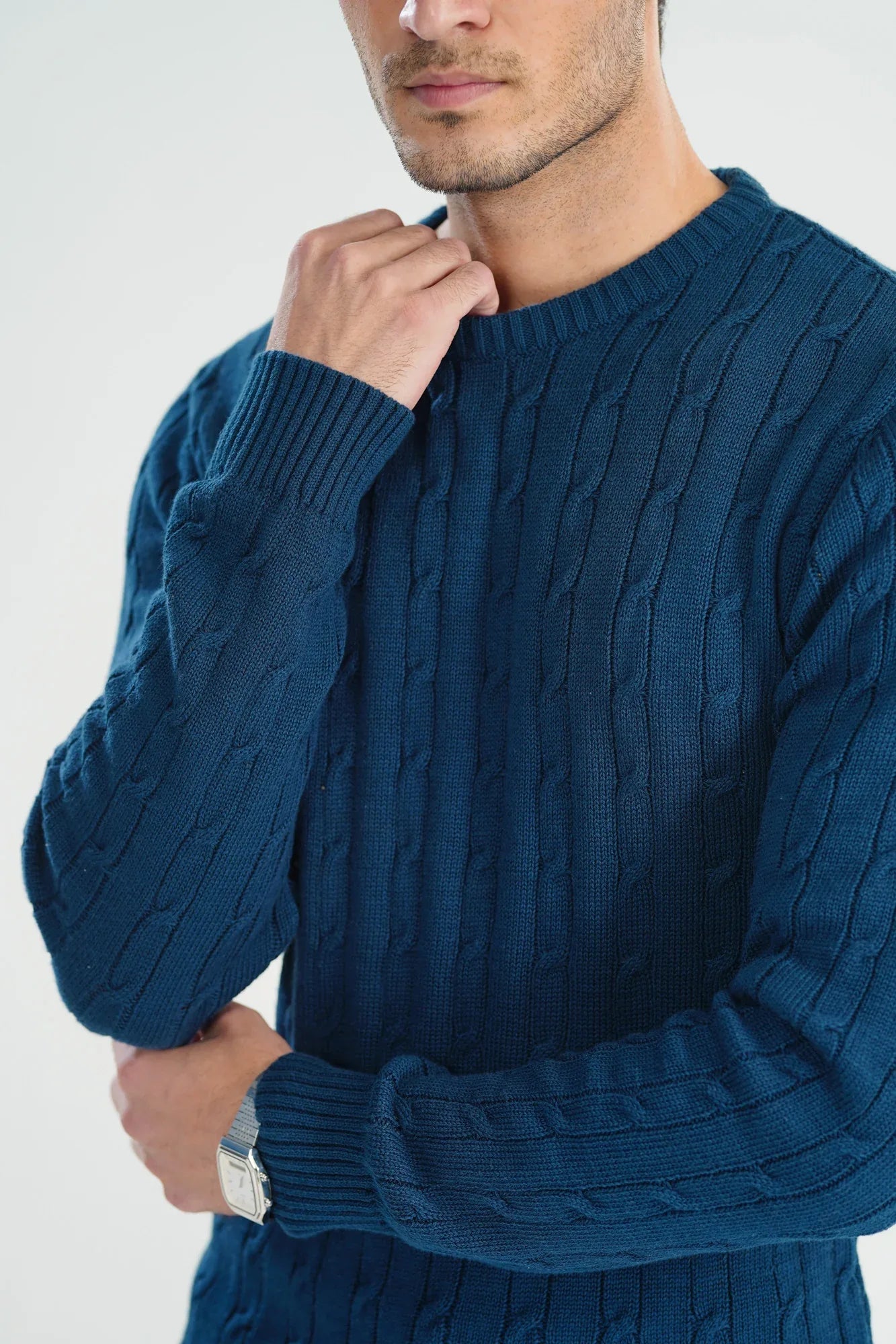 Blue Cable Knit Sweater - Smart Fit - Men - Muraqsh -- Men Western