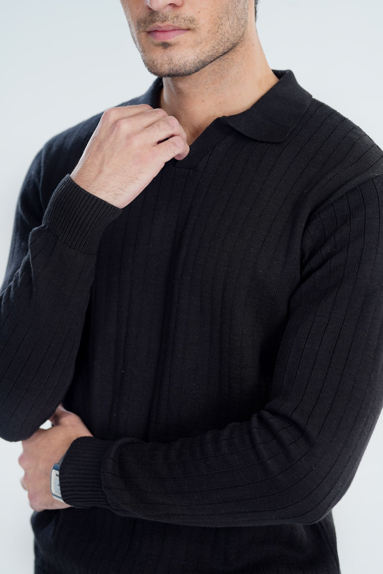 Black Drop Needle Knit Polo - Full Sleeves - Men