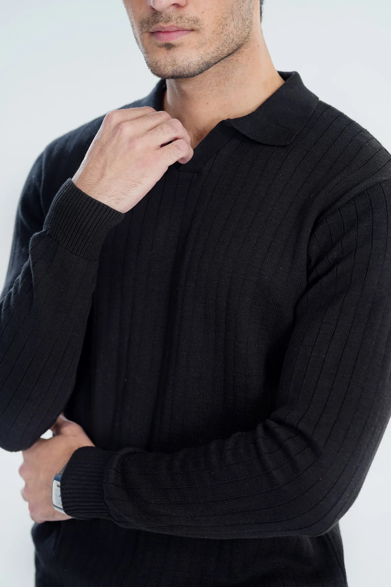 Black Knitted Polo - Full Sleeves - Men - Muraqsh -- Men Western