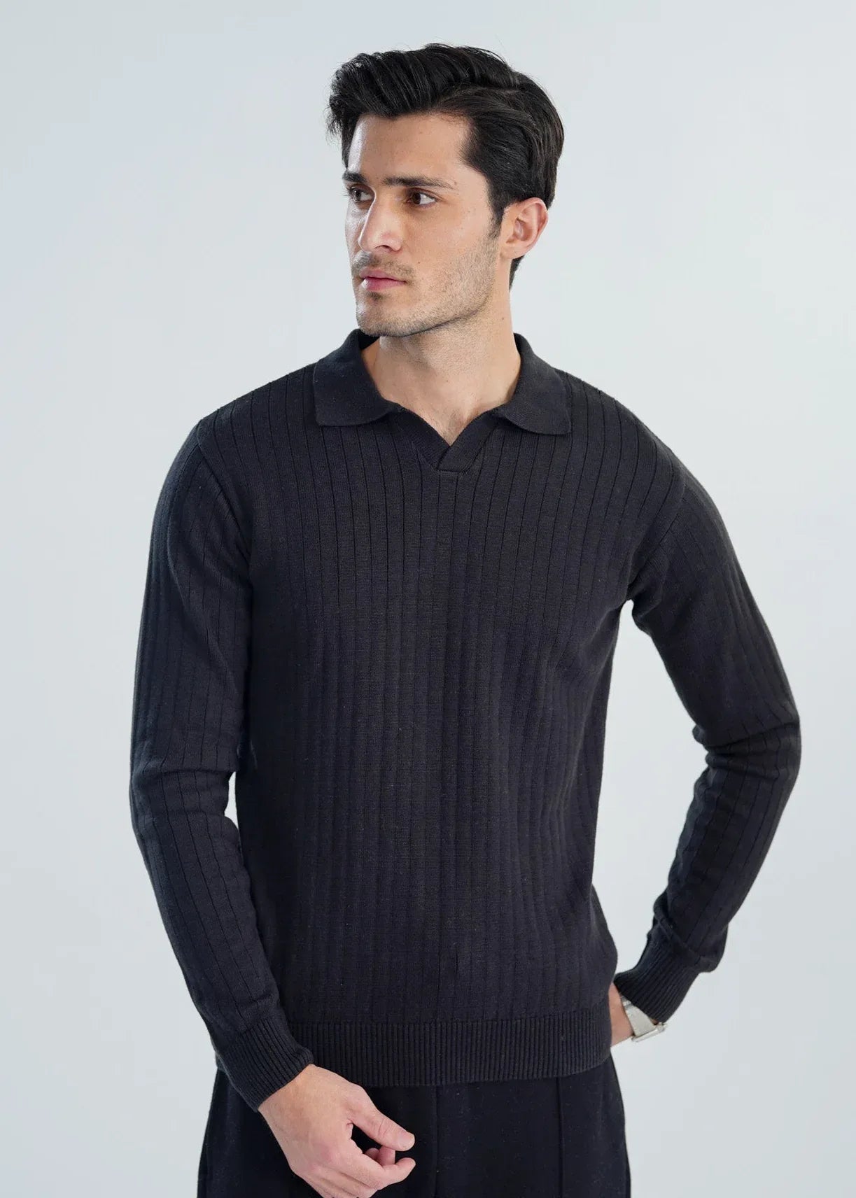 Black Knitted Polo - Full Sleeves - Men - Muraqsh -- Men Western