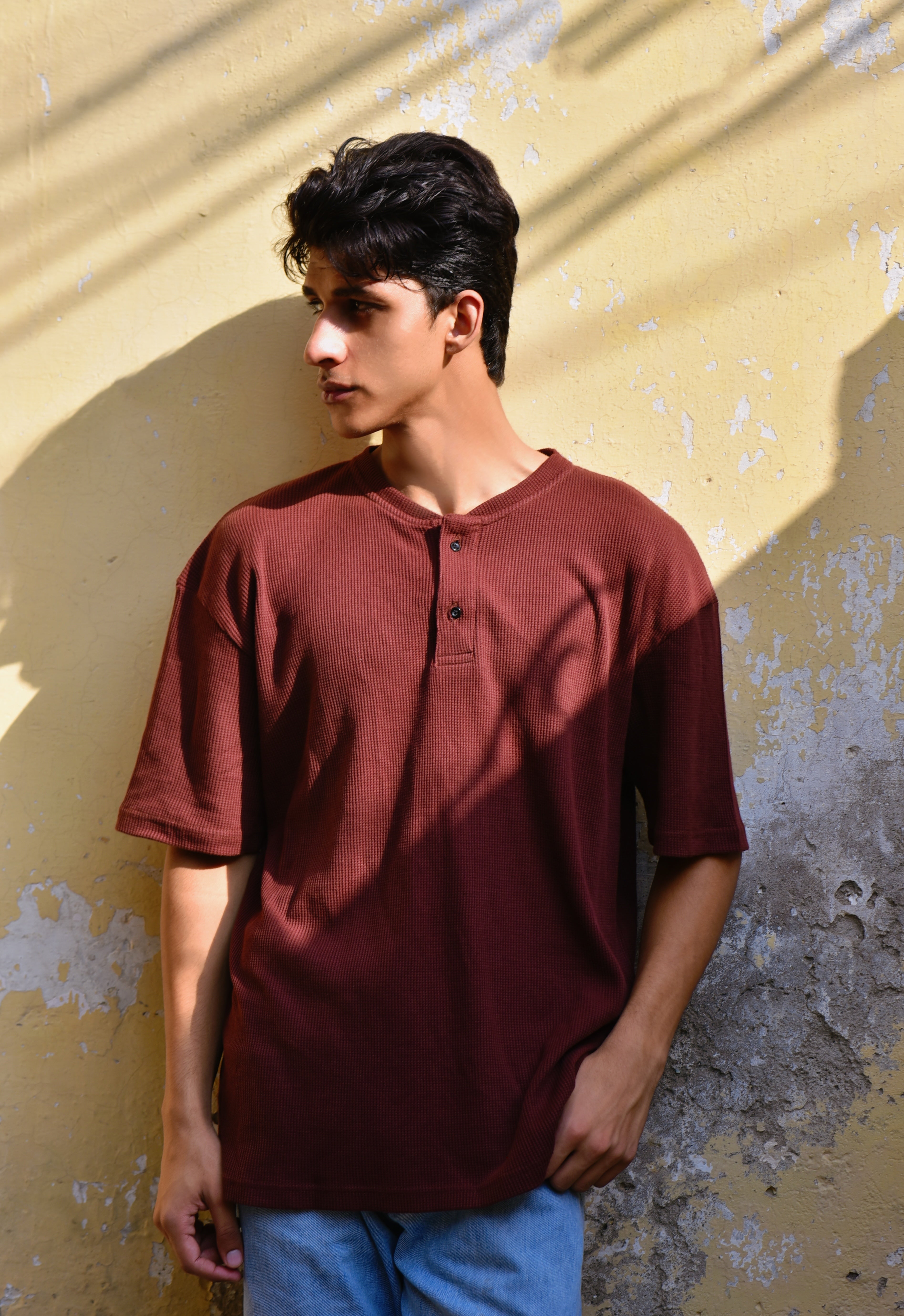 Dark Amber Waffle Oversized Henley - Men