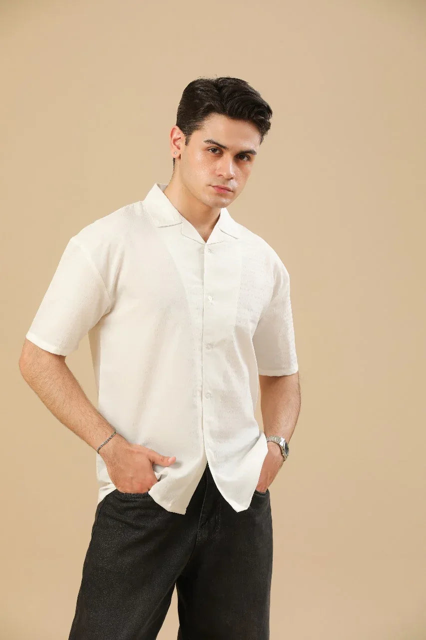 Off White Textured Oversized Resort Collar Button Down – Men - Muraqsh -- Men Western