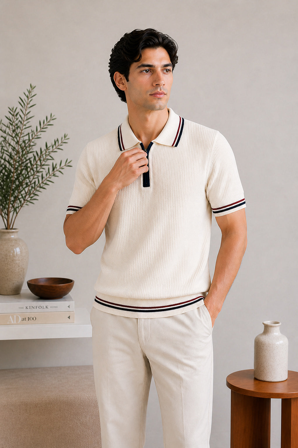 Ecru Riviera Zip Knit Polo